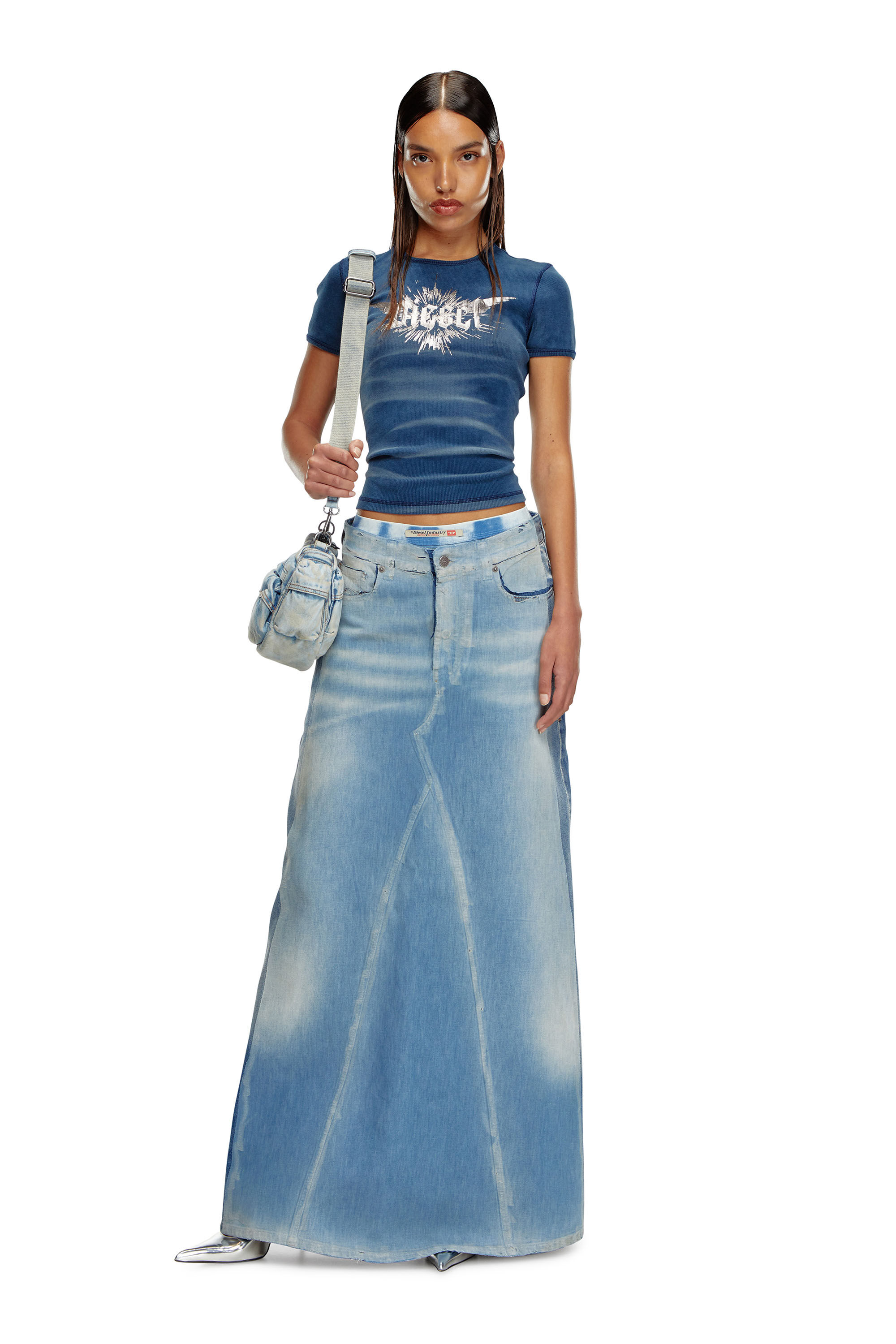 Jupe longue en denim peel off Femme Bleu Diesel