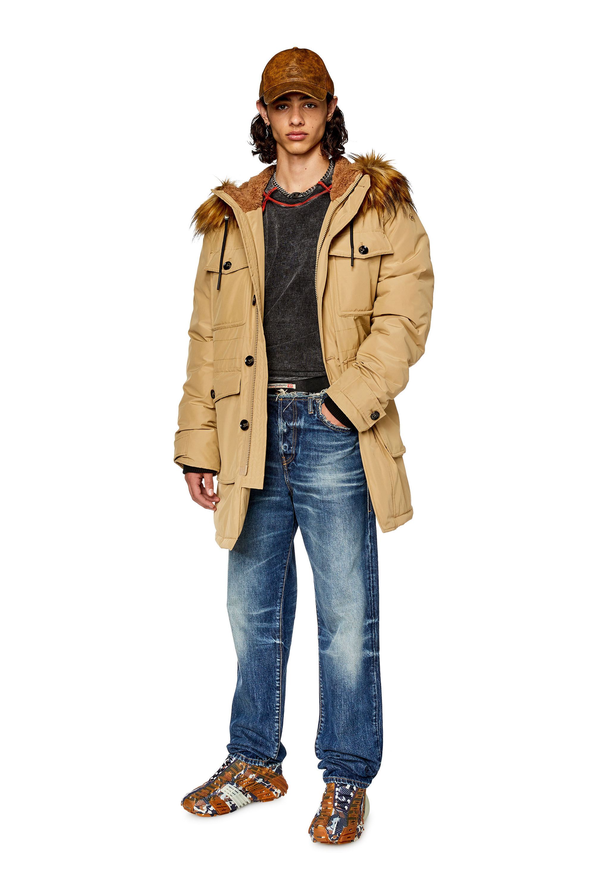 Parka matelassee avec bordure pelucheuse sur la capuche Homme Marron Diesel