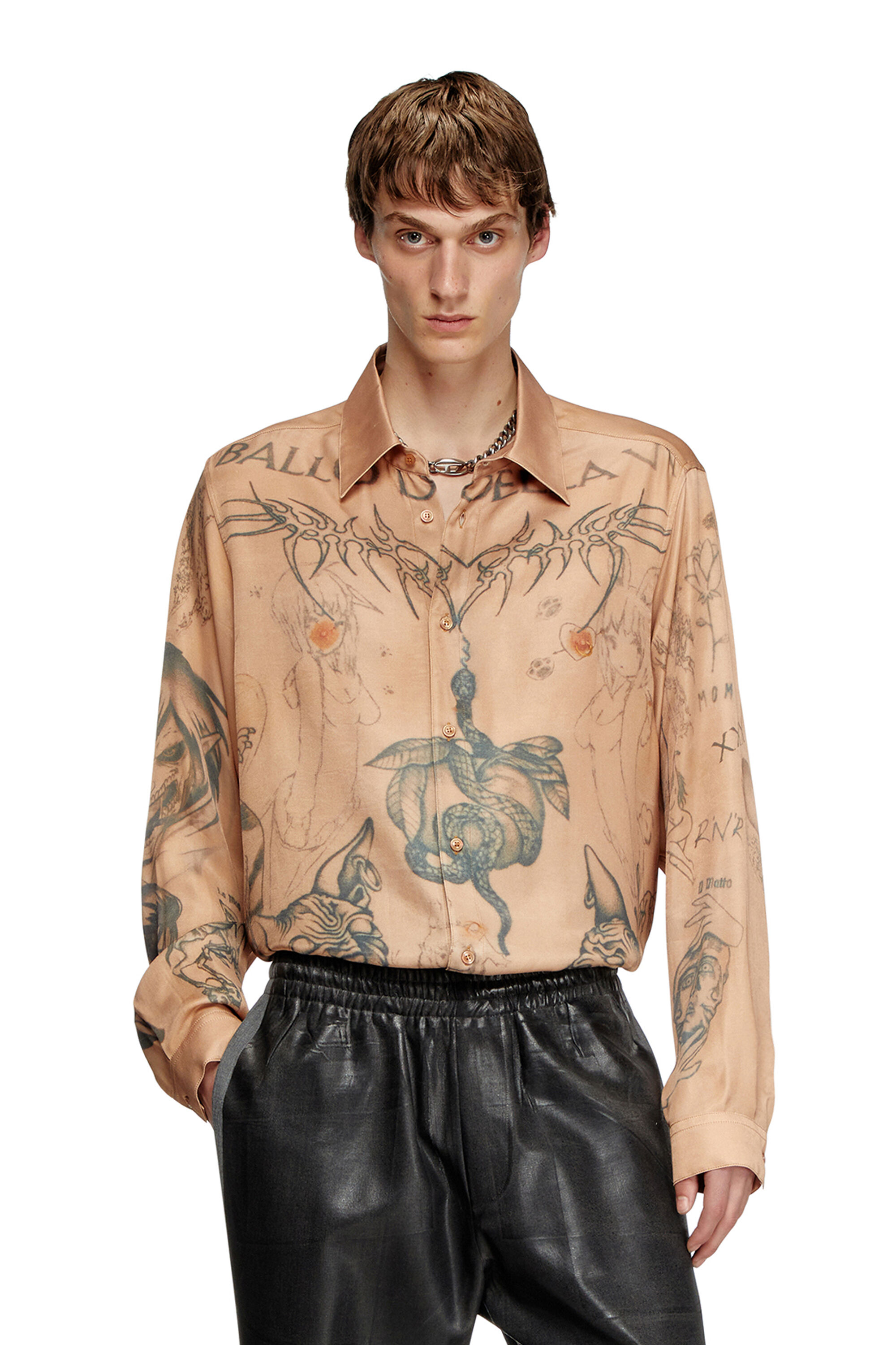 Diesel - S-SIMPLY-TTO-DD, Chemise fluide en satin avec imprimé tatouage Mixte in Beige - 3