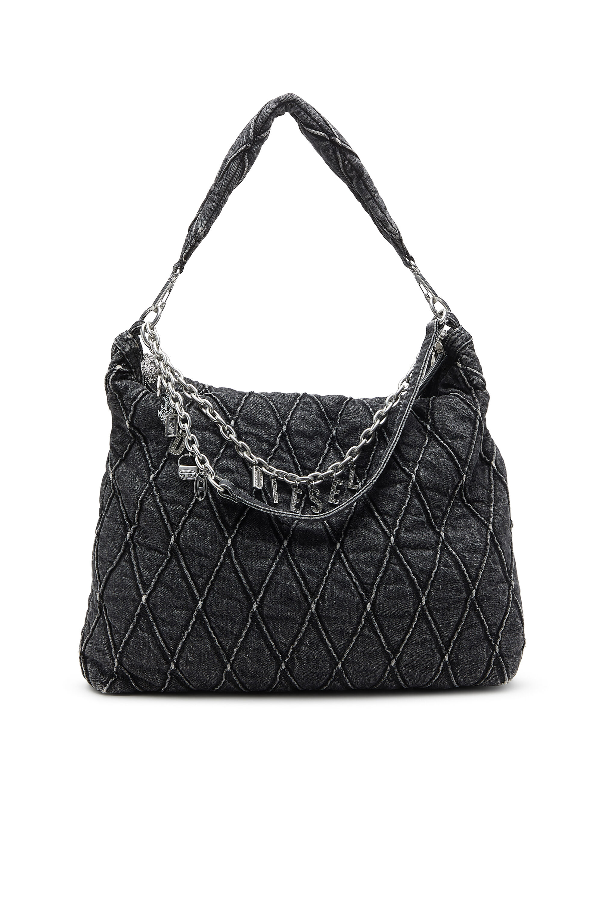 Diesel - HOSHI CHARM-D HOBO, Sac hobo en denim matelassé avec breloques sur chaîne Femme in Noir - 1