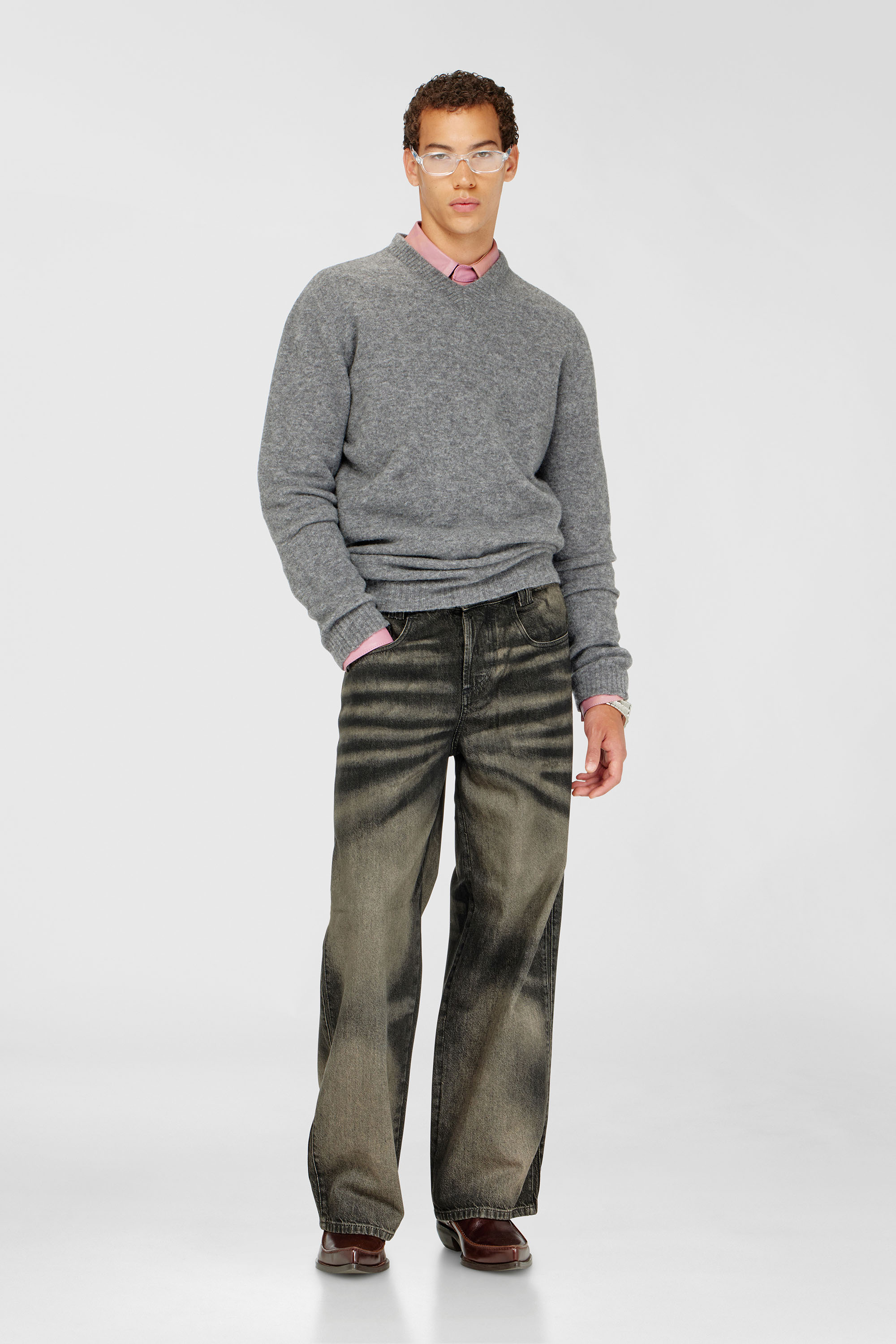 Diesel - K-ANDIE, Pull en maille foul&eacute;e froiss&eacute;e &agrave; col en V Homme in Gris - 1
