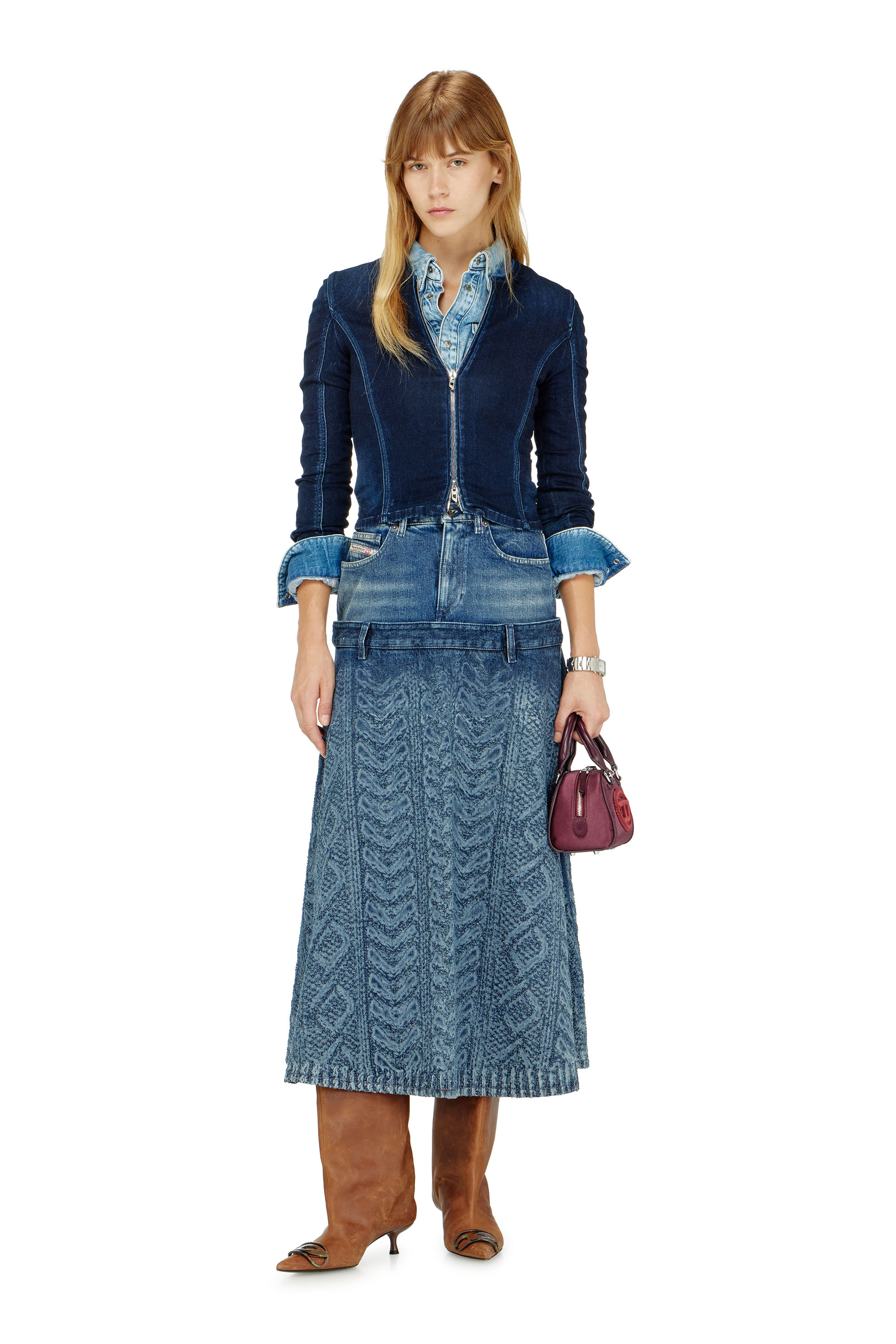 Diesel - DE-VORYA-S1, Jupe midi en denim effet maille torsad&eacute;e Femme in Bleu - 1