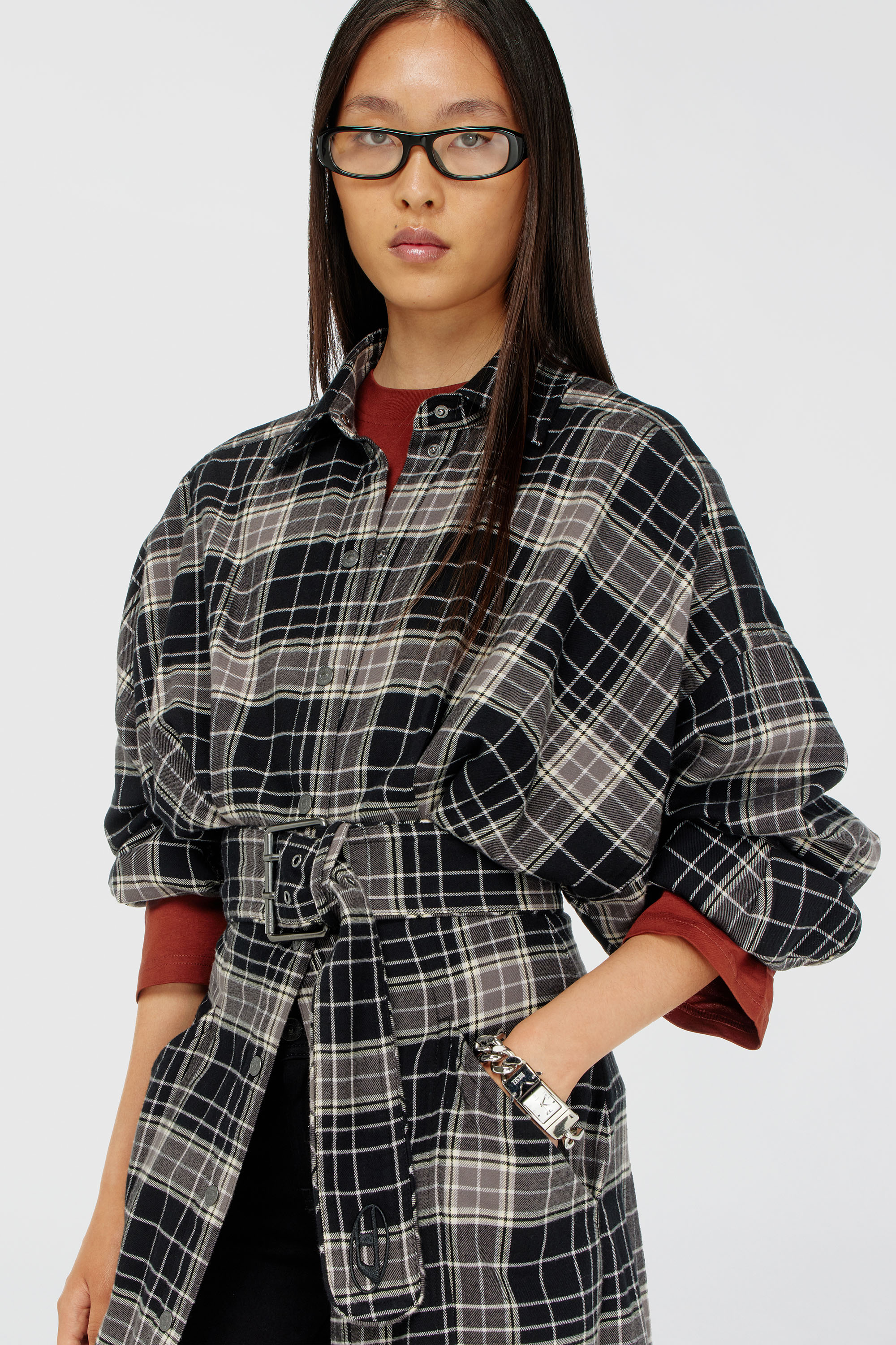 Diesel - D-EDALUS, Robe midi en flanelle &agrave; carreaux avec large ceinture Femme in Polychrome - 5