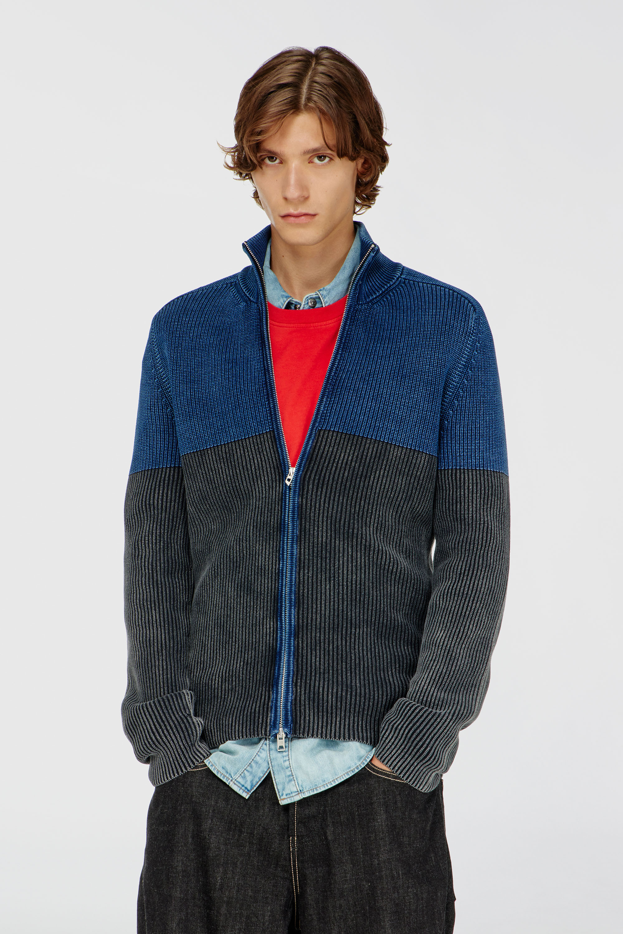 Diesel - K-HERMOS, Cardigan zipp&eacute; effet denim bicolore Homme in Polychrome - 1