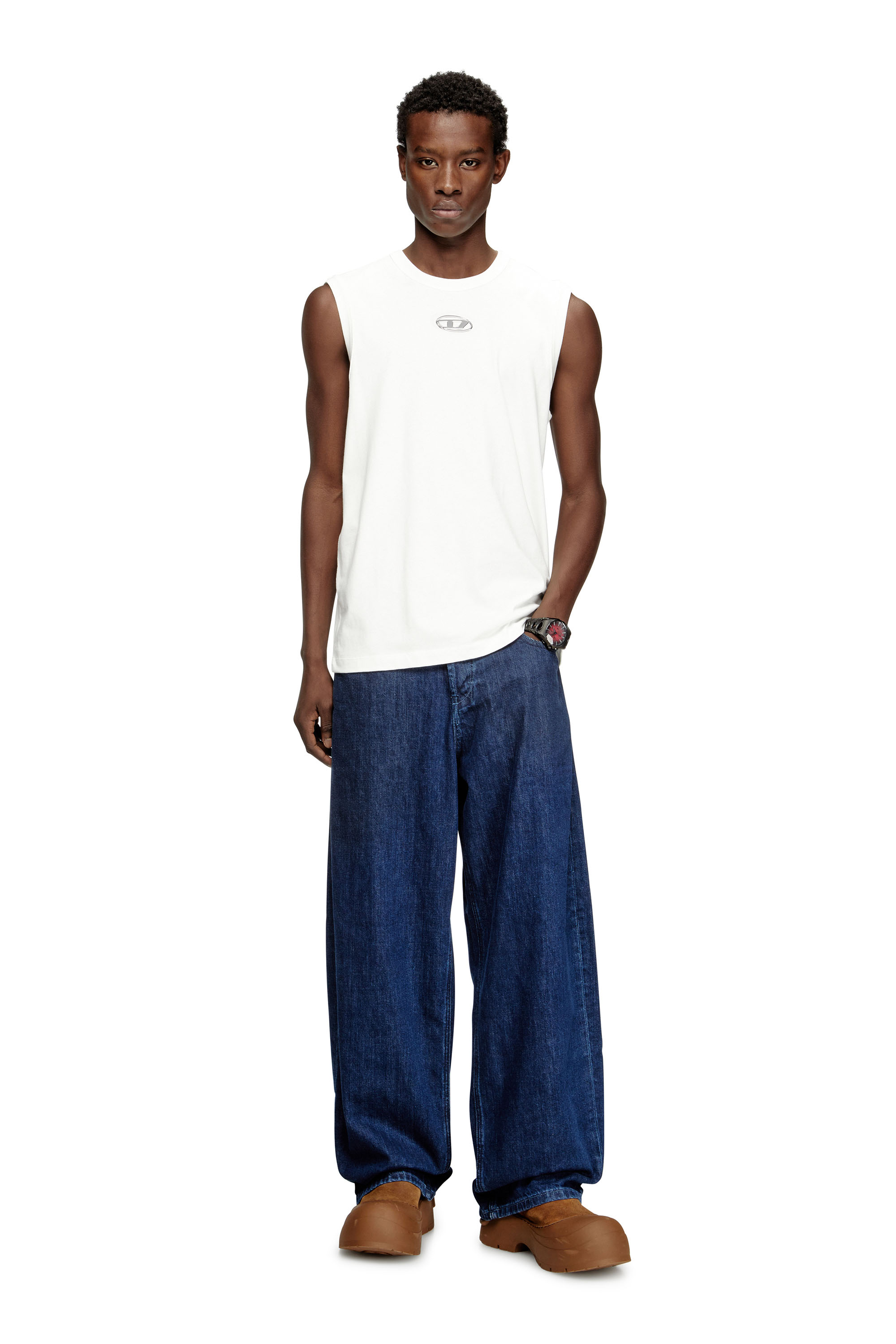 Diesel - T-BISCO-IOD, Haut en coton sans manches avec Ovale D métallique Homme in Blanc - 1