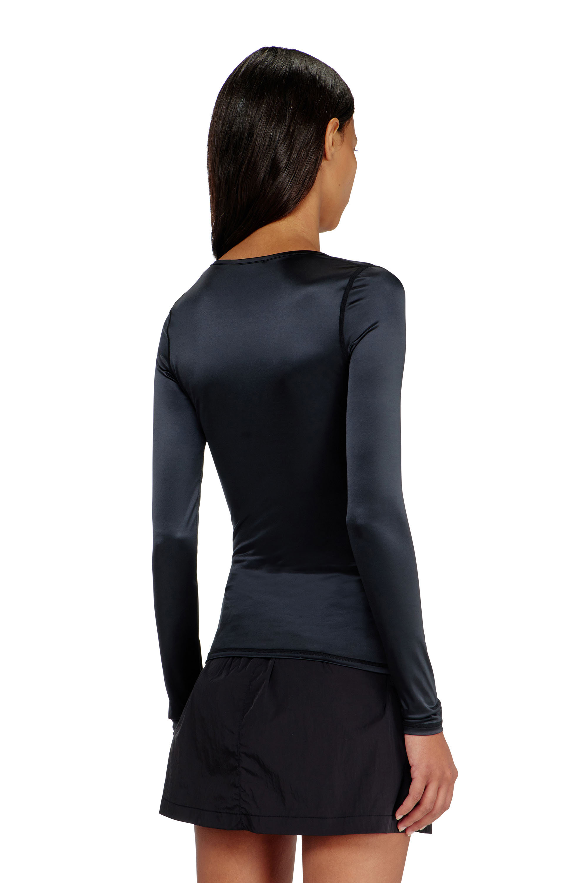Diesel - T-ELPHIN-LS, Top slim en nylon &agrave; encolure d&eacute;gag&eacute;e avec Logo Oval D brod&eacute; Femme in Noir - 4