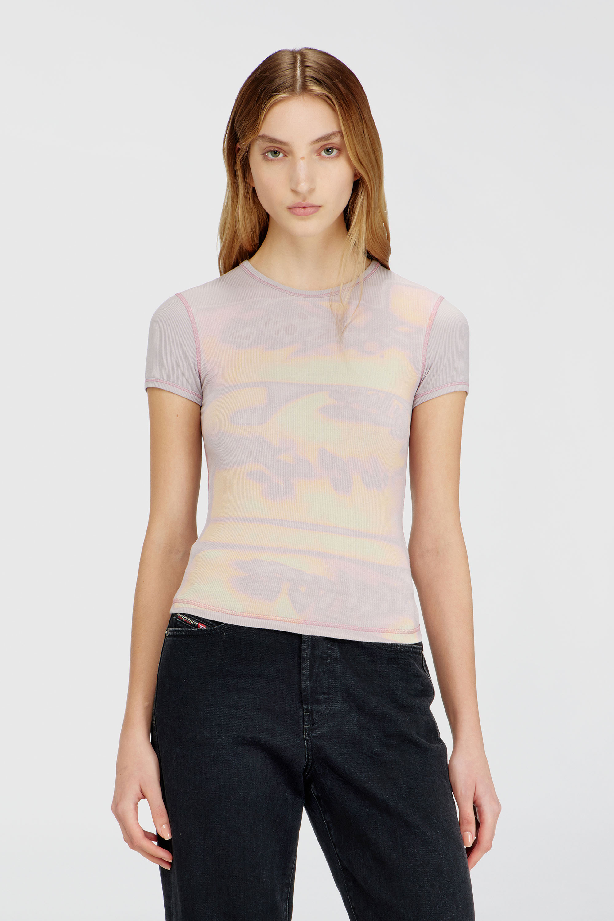 Diesel - T-ELE-LONG-AA1, Haut slim en jersey avec imprim&eacute; graphique Femme in Violet - 1