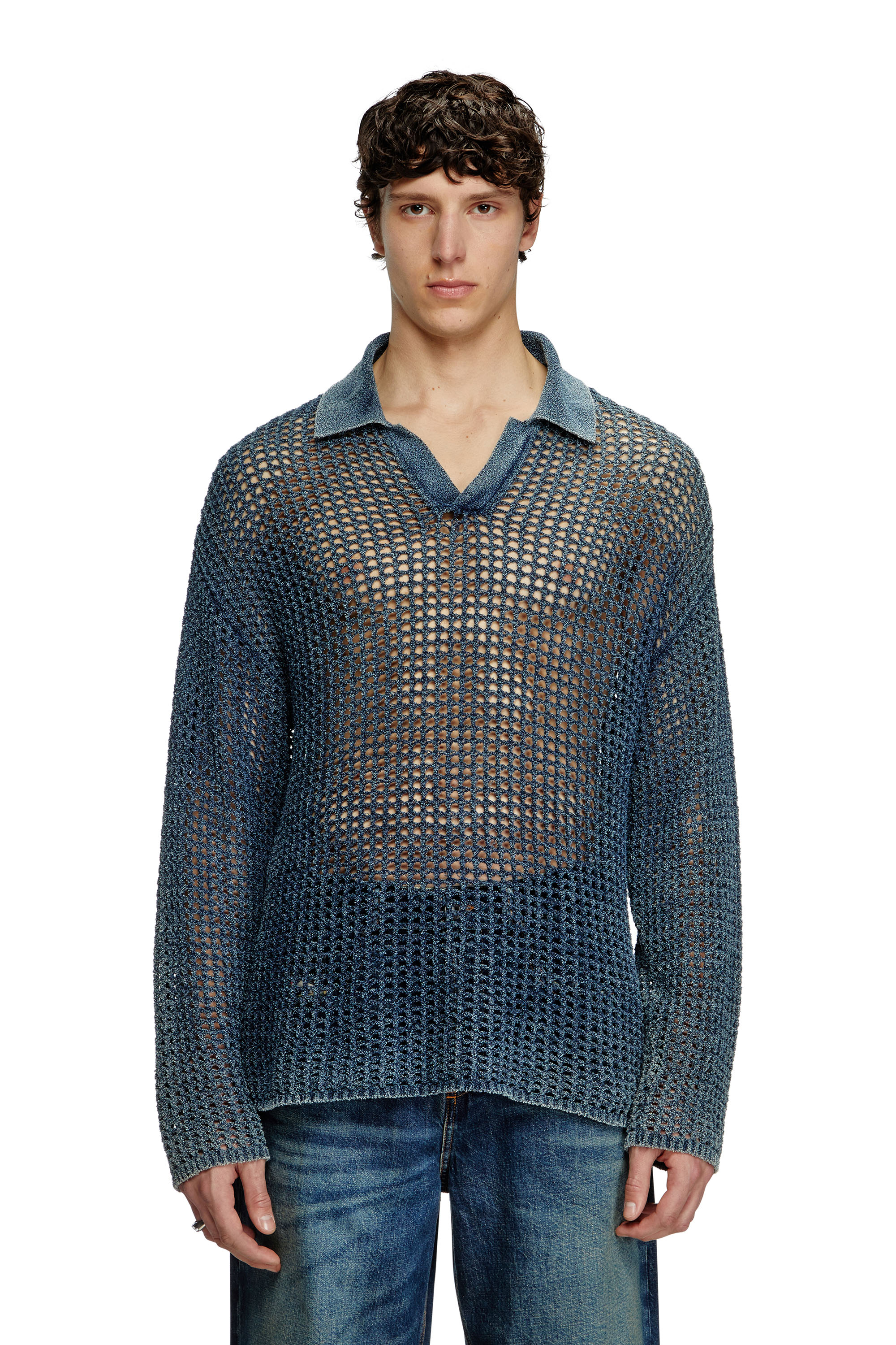 Diesel - K-SQUARED, Man's Open-knit polo jumper in denim yarn in Blue - 1