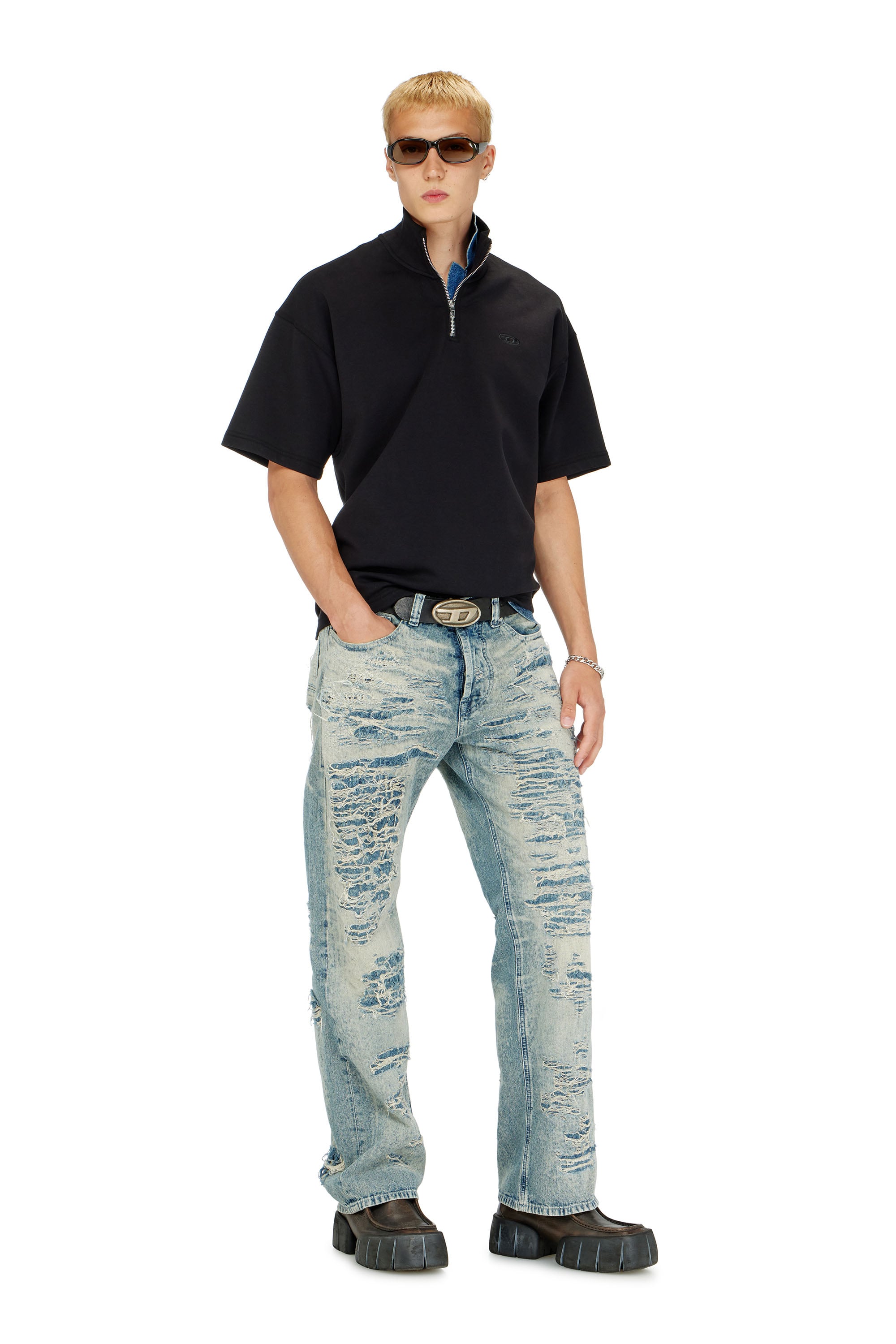 Diesel - S-CUBY, Sweat-shirt &agrave; manches courtes zipp&eacute; en scuba l&eacute;ger Homme in Noir - 1