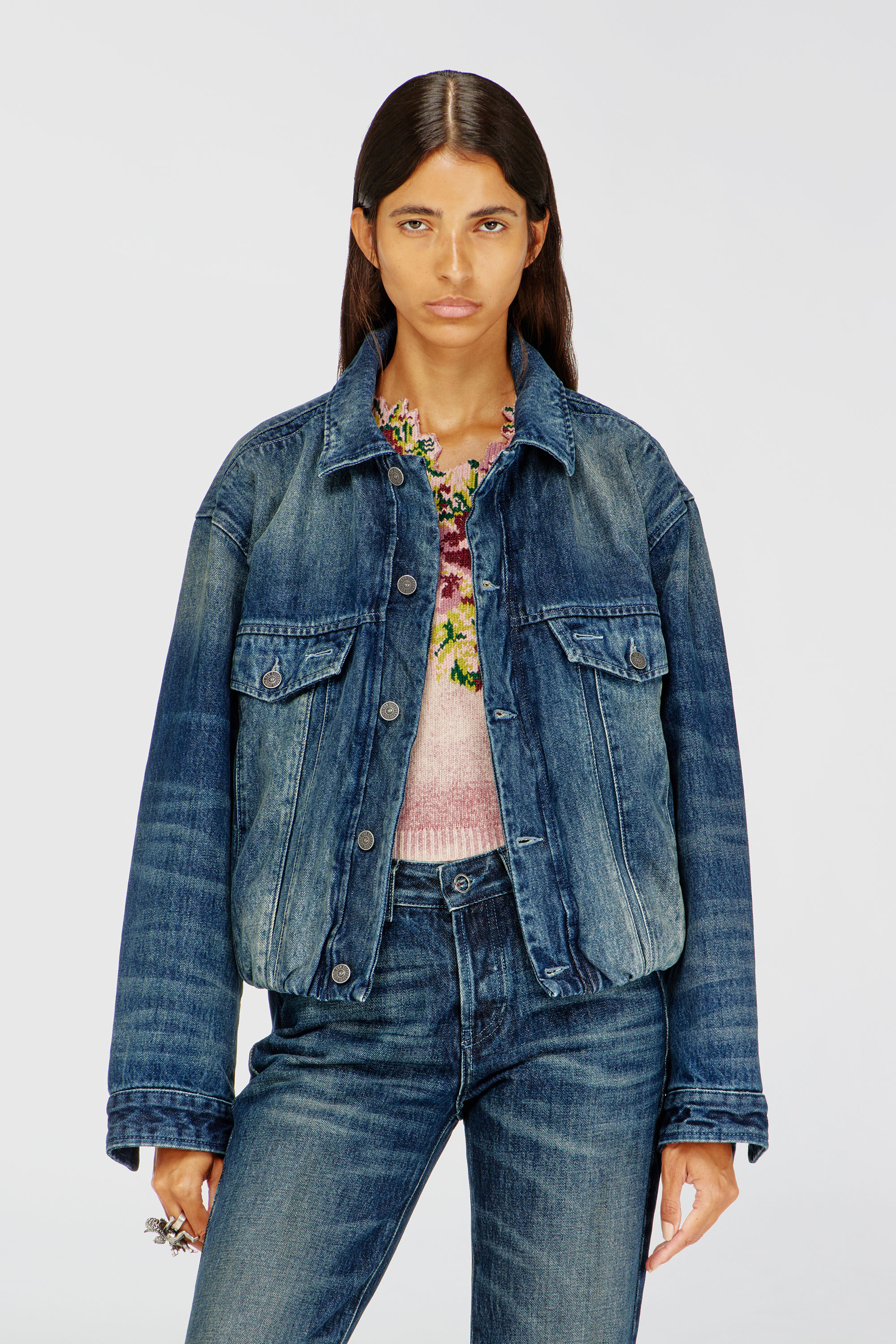 Diesel - DE-MORVI-FSJ, Veste trucker en denim avec taille &eacute;lastiqu&eacute;e Femme in Bleu - 1