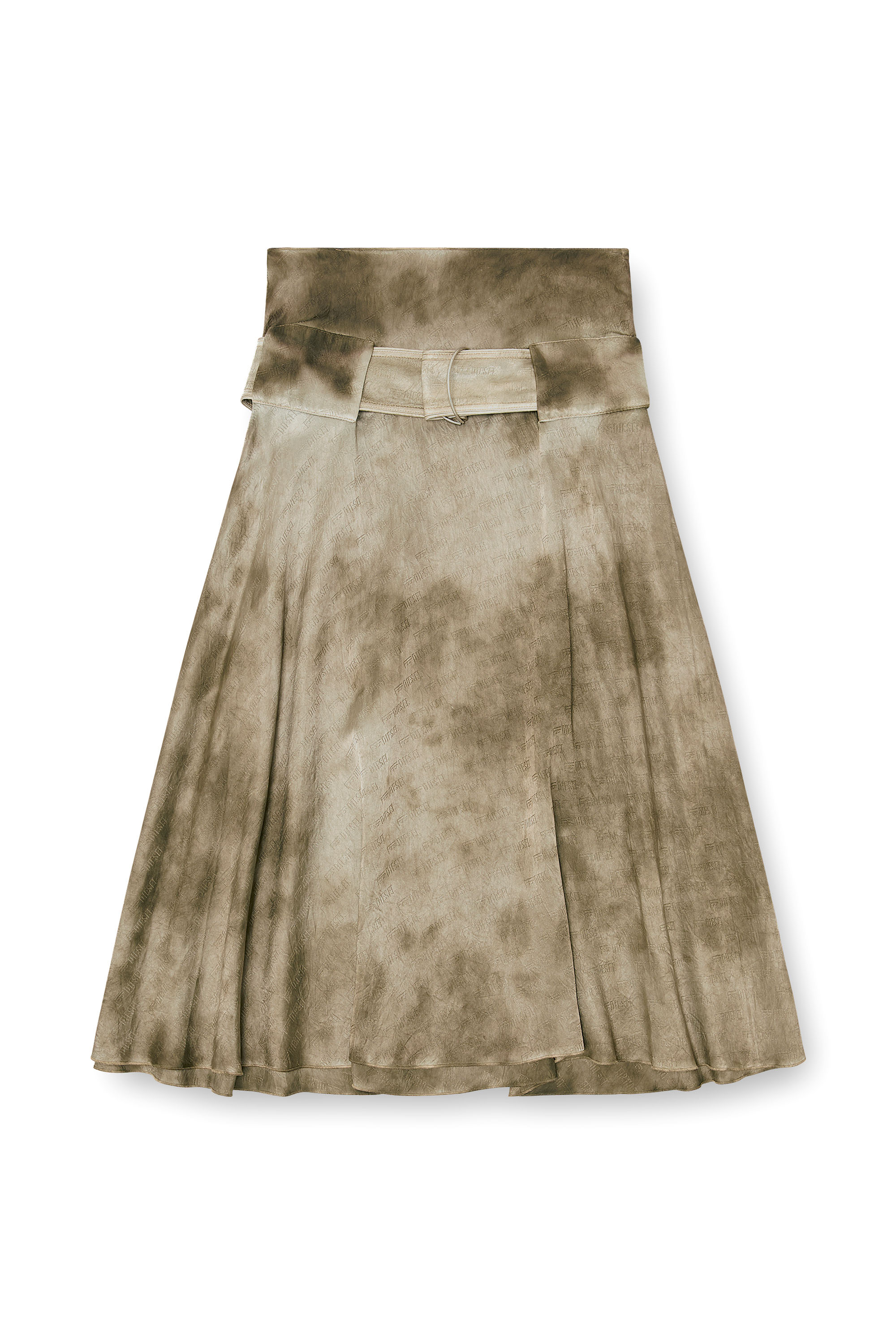 Diesel - O-DYLE, Jupe midi ceintur&eacute;e en satin jacquard logo Femme in Marron - 4