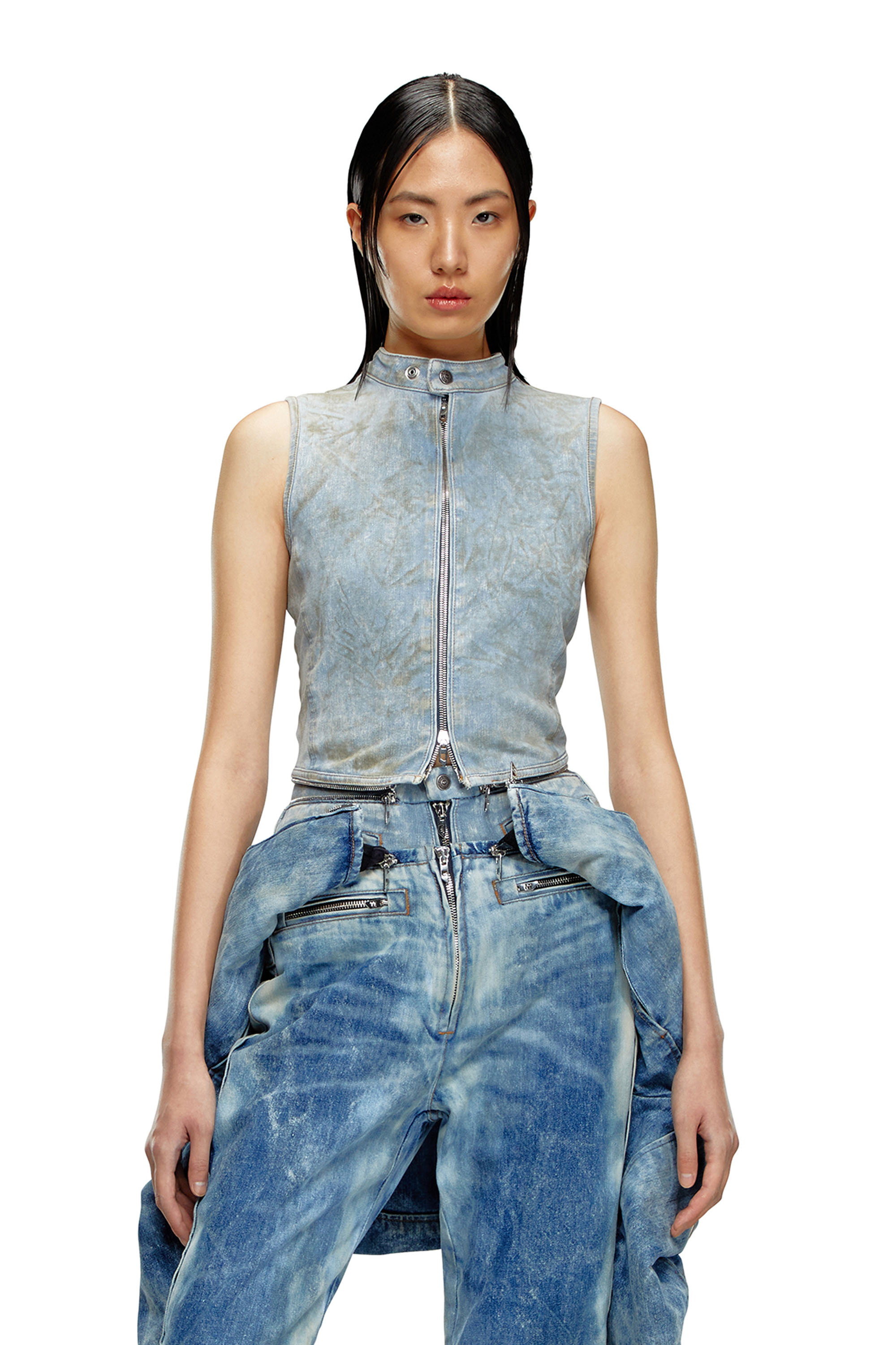 Diesel - DE-NATA-FSE, Top en denim seconde peau avec détails biker Femme in Bleu - 1