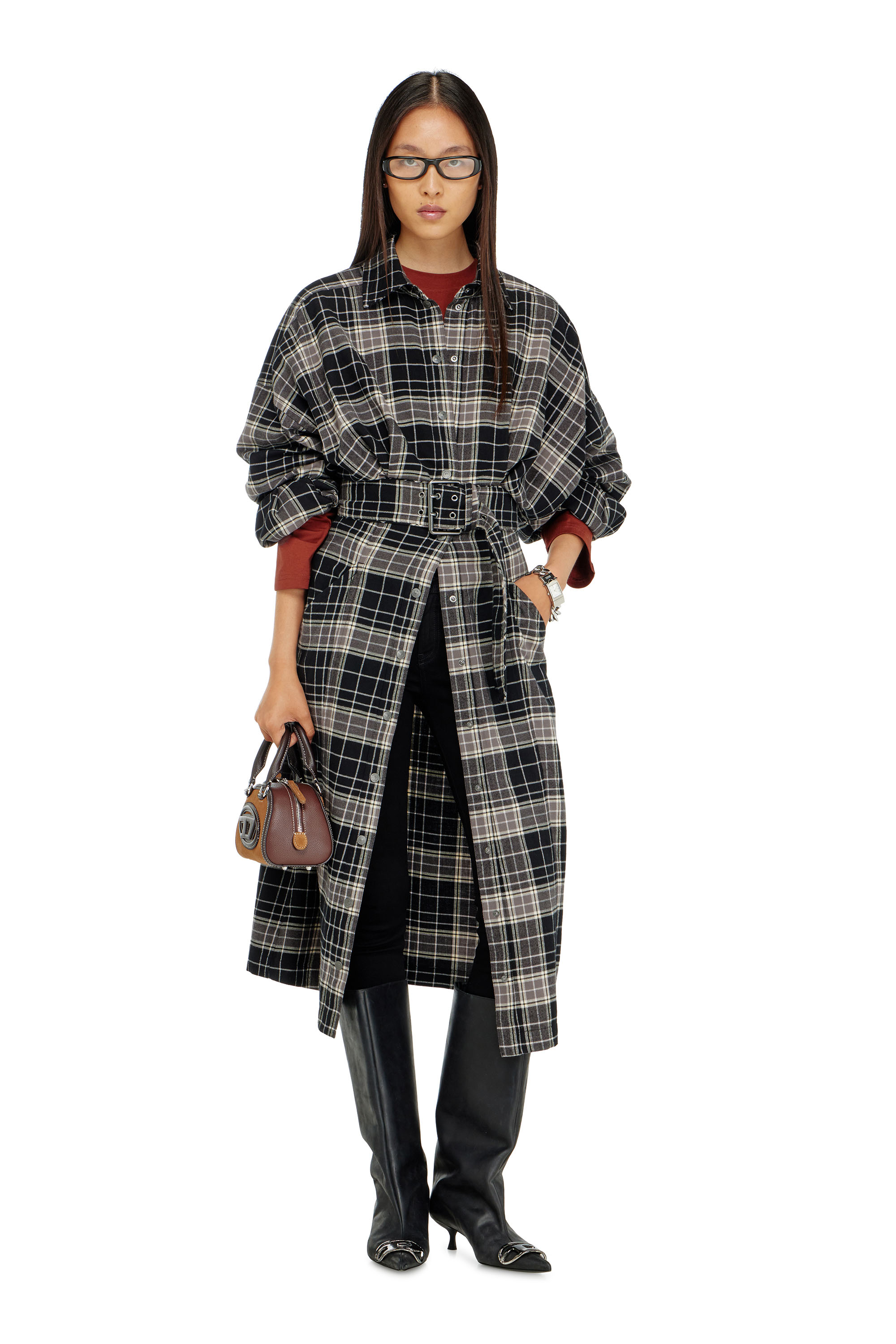 Diesel - D-EDALUS, Robe midi en flanelle &agrave; carreaux avec large ceinture Femme in Polychrome - 1