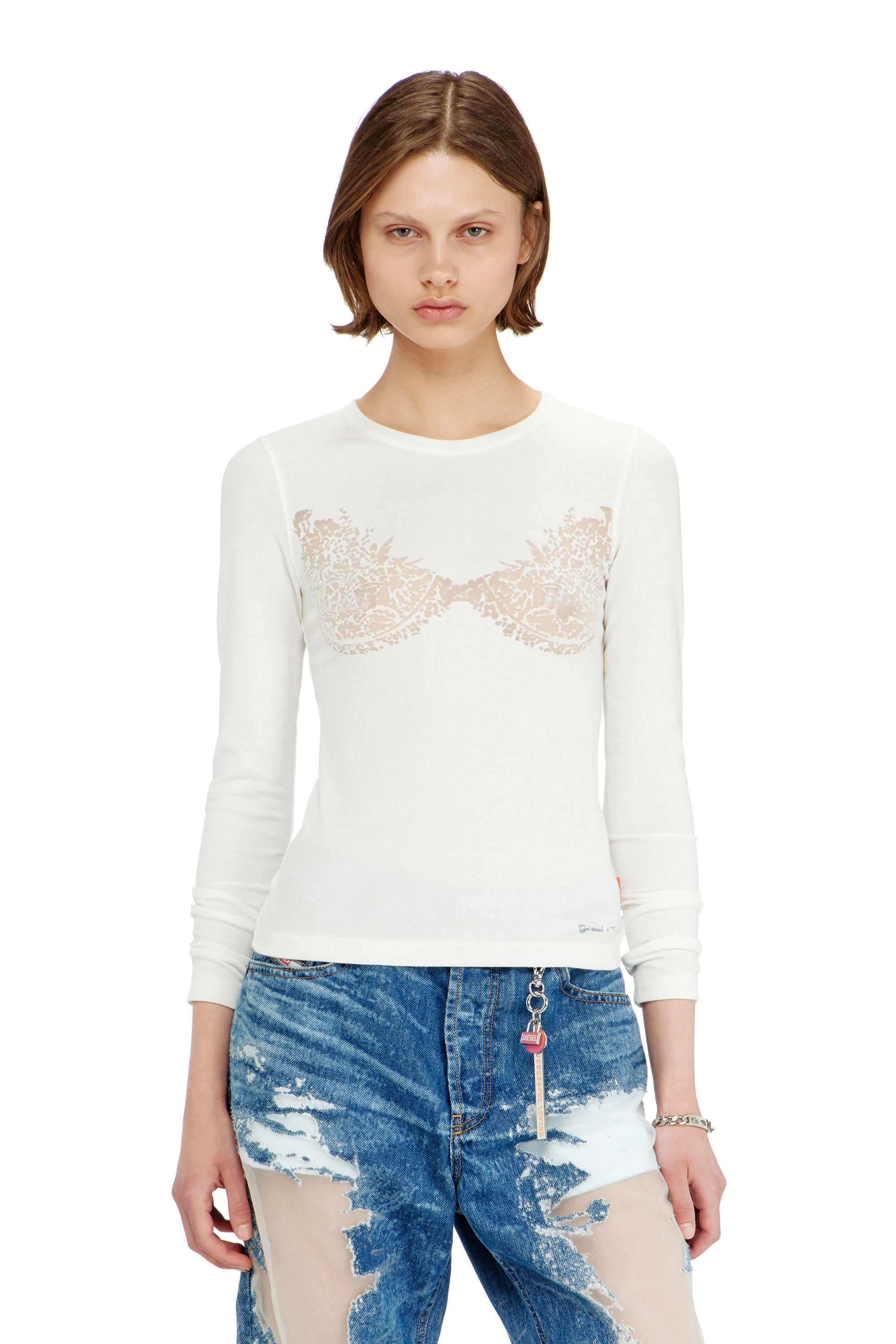 Diesel - PR-T-MOKKI-LS-R, Top avec effet dentelle devor&eacute; Femme in Blanc - 1
