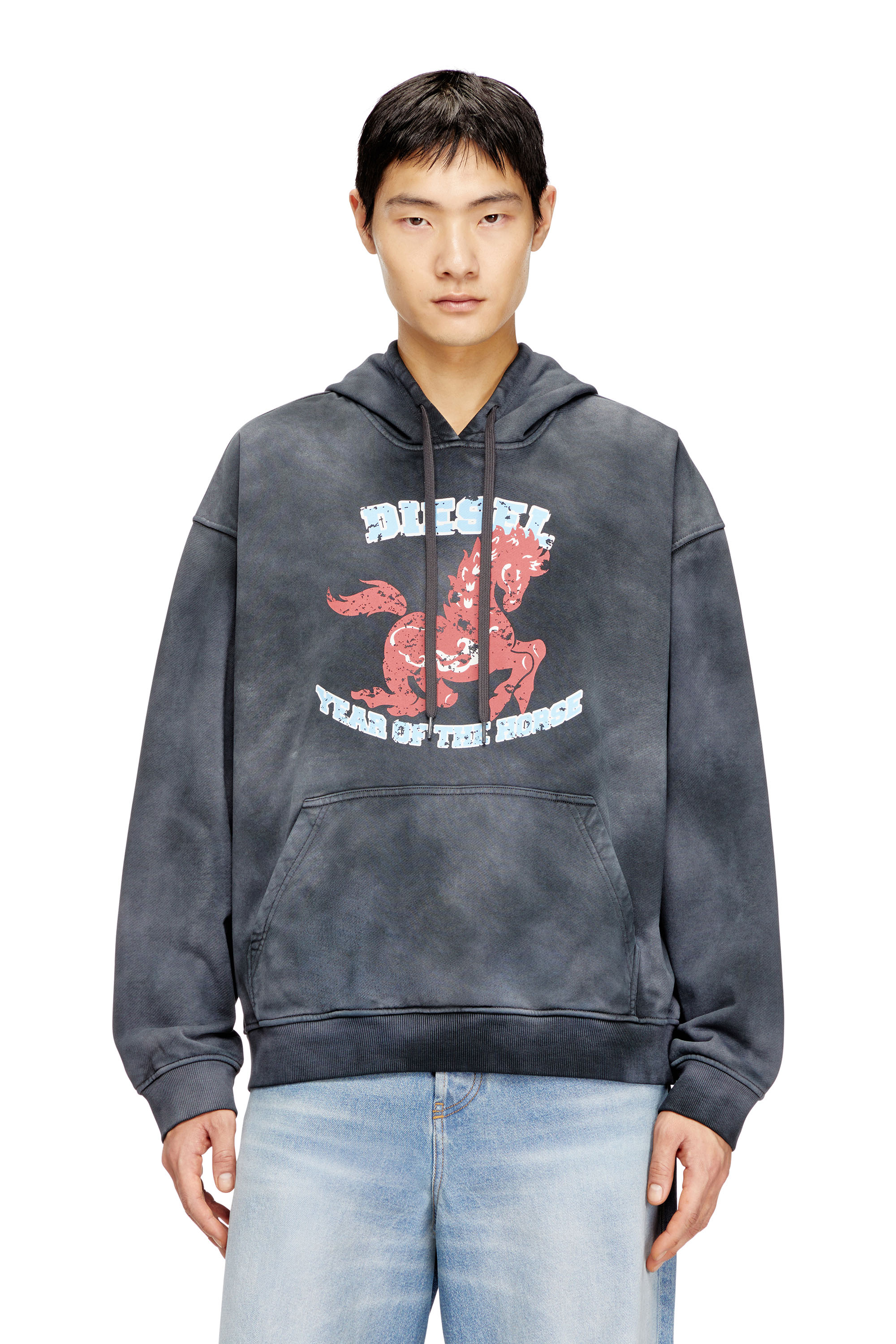 Diesel - CL-S-BOXT-HOOD-HORSE, Sweat &agrave; capuche tie-dye avec imprim&eacute; graphique cheval Homme in Gris - 3