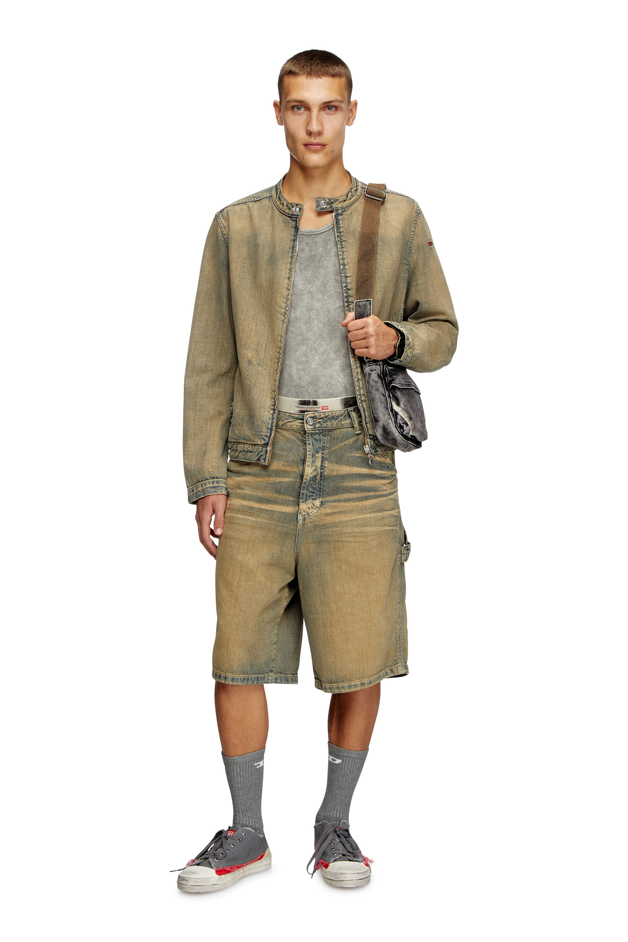 Diesel - D-GLORY, Veste biker en denim brossé doré Homme in Bleu - 1