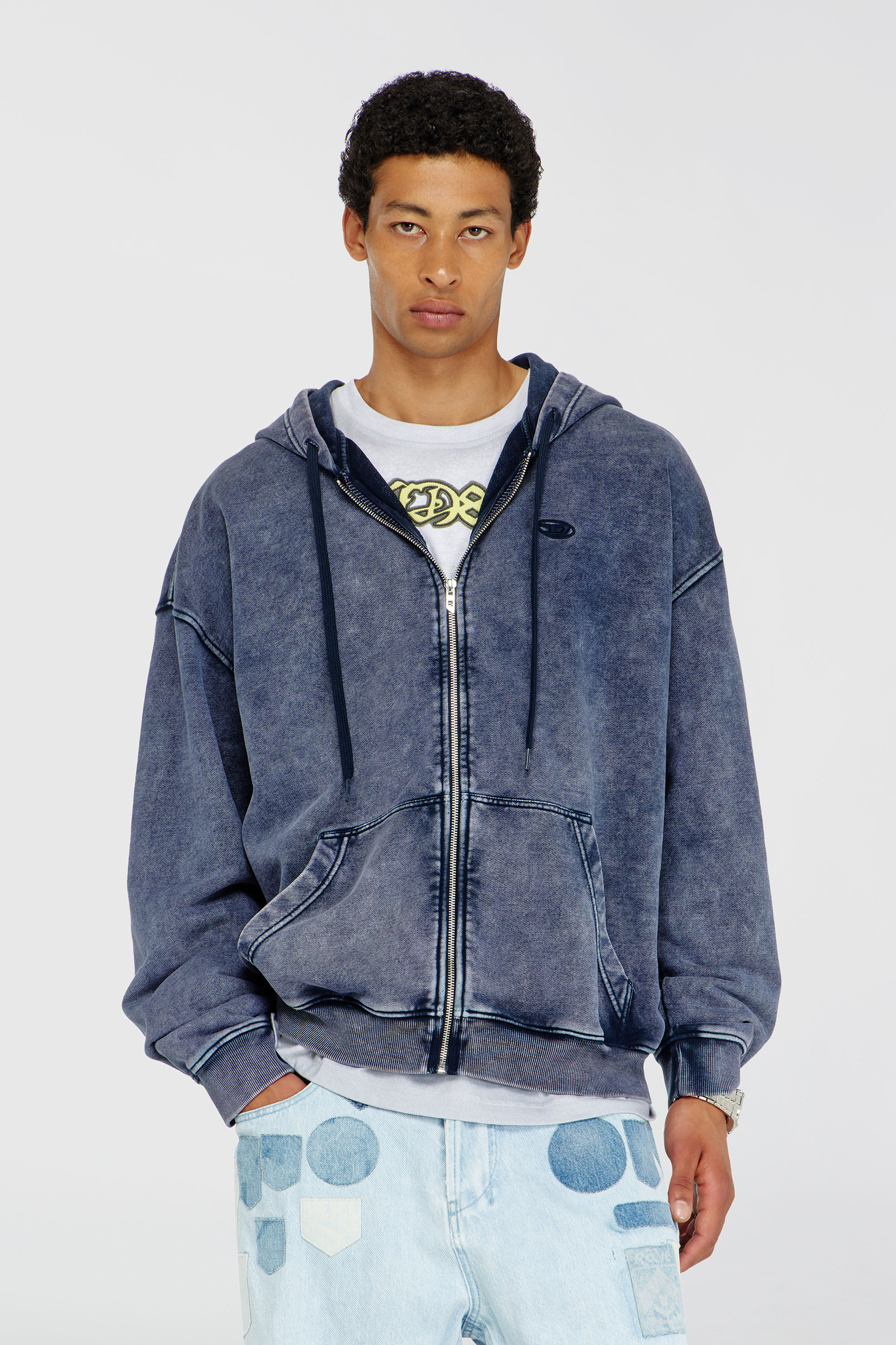 Diesel - S-BOXT-HOOD-ZIP-DEN, Sweat &agrave; capuche zipp&eacute; en molleton de coton trait&eacute; Homme in Bleu - 1
