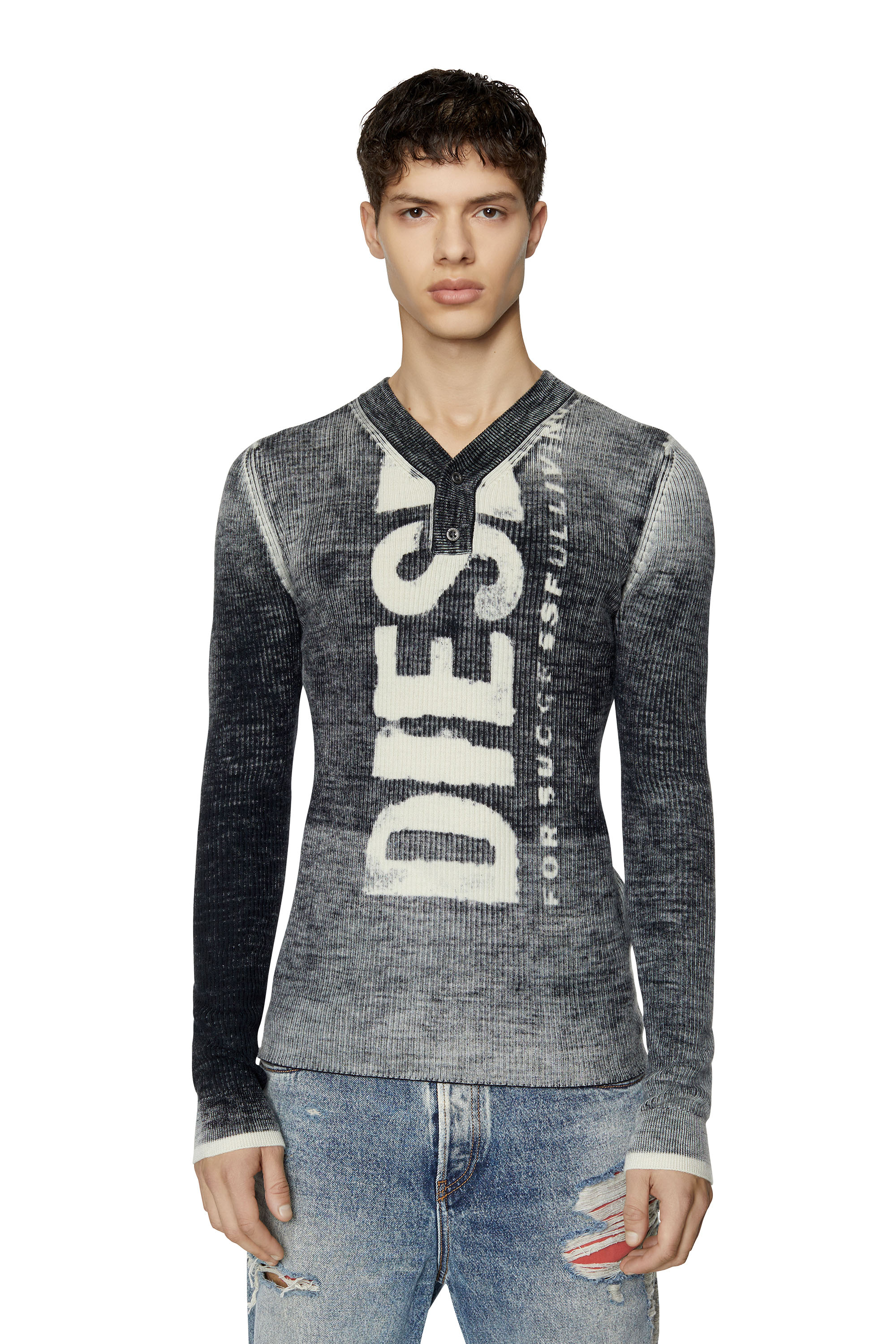Diesel - K-ATULLUS, Man Printed wool jumper with logo in Black - Image 1