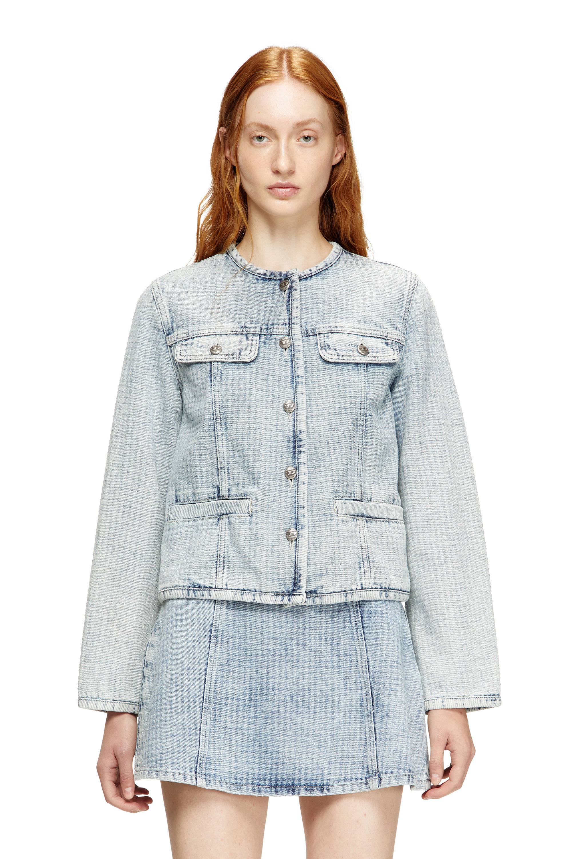Diesel - DE-GRAFY-S, Veste en denim graphique avec cristaux Femme in Bleu - 1