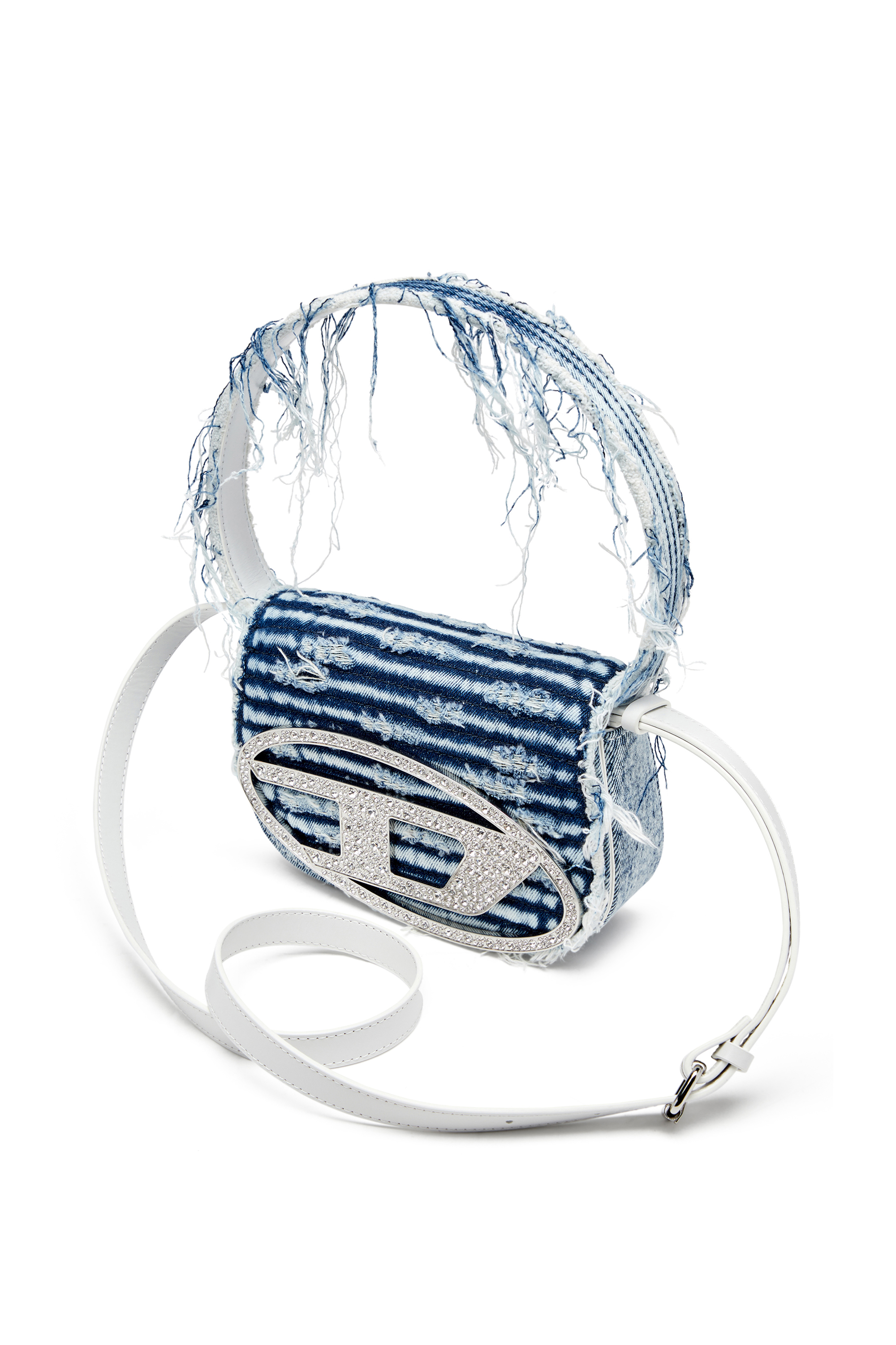 Diesel - 1DR, Iconic shoulder bag in frayed denim Femme in Bleu - 5