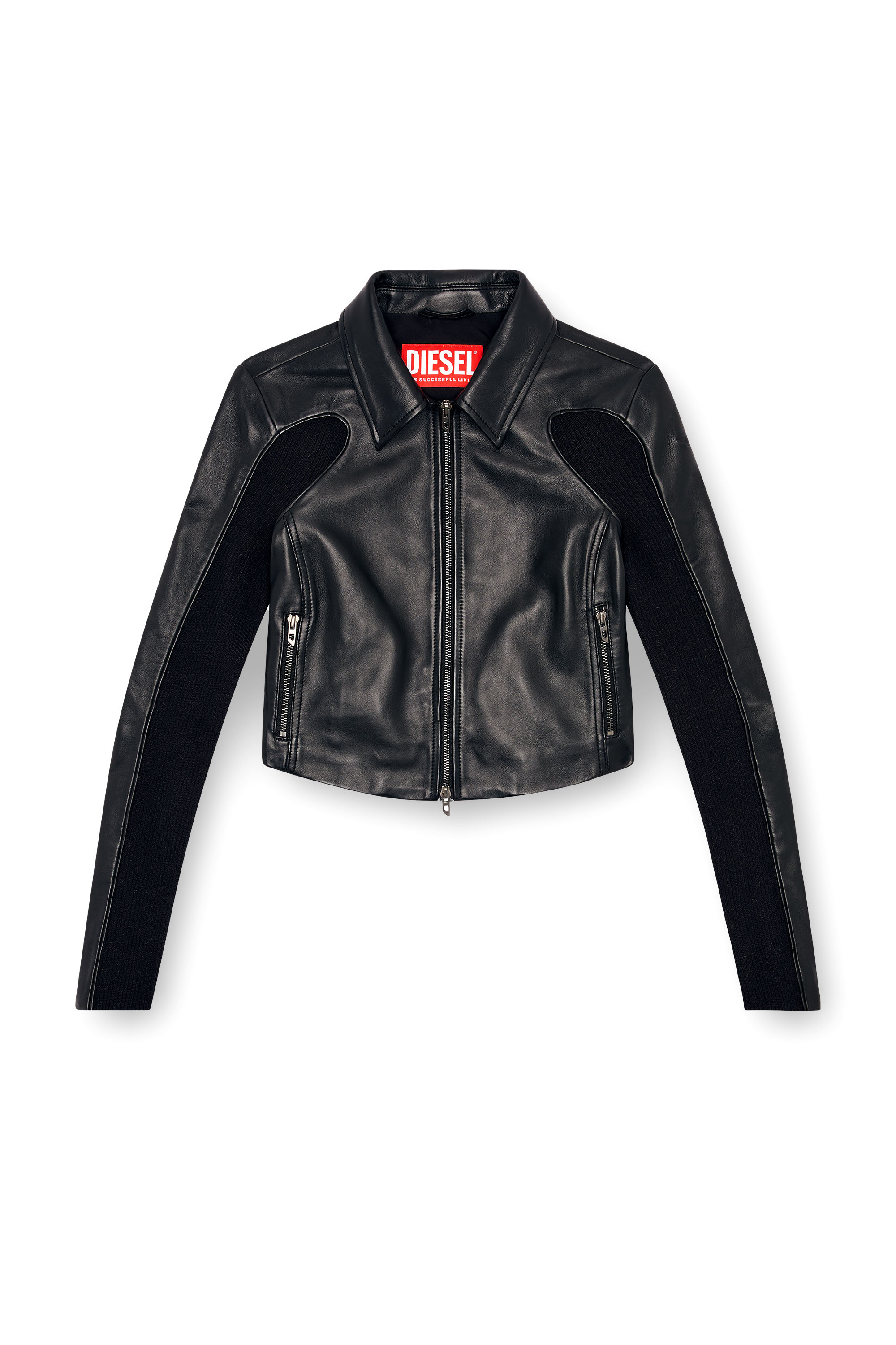 Diesel - L-TOTEM-P1, Veste crop en cuir avec empiècements en maille Femme in Noir - 2