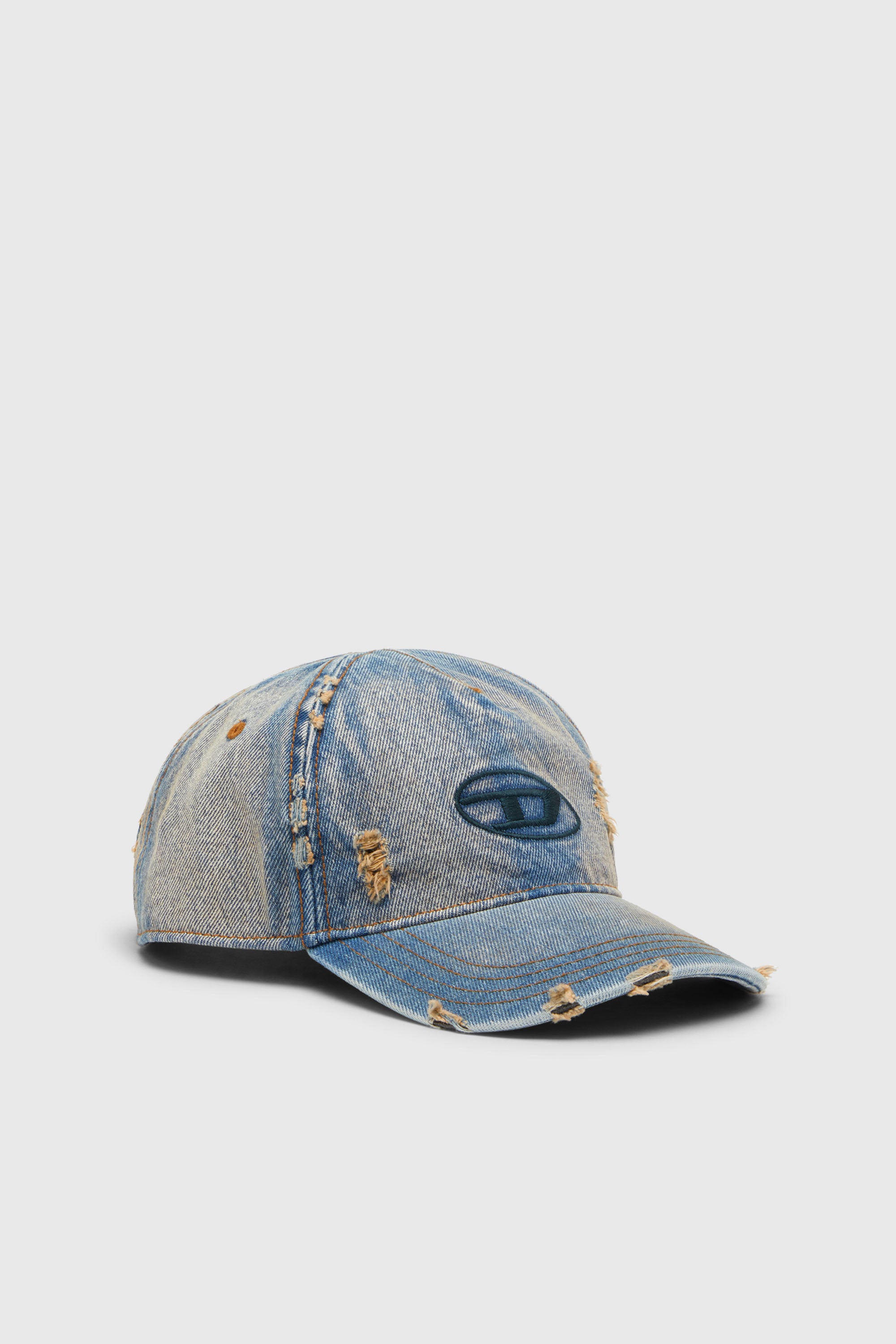 Diesel - C-ENIC, Casquette en denim avec d&eacute;tails effiloch&eacute;s et logo brod&eacute; Homme in Bleu - 1