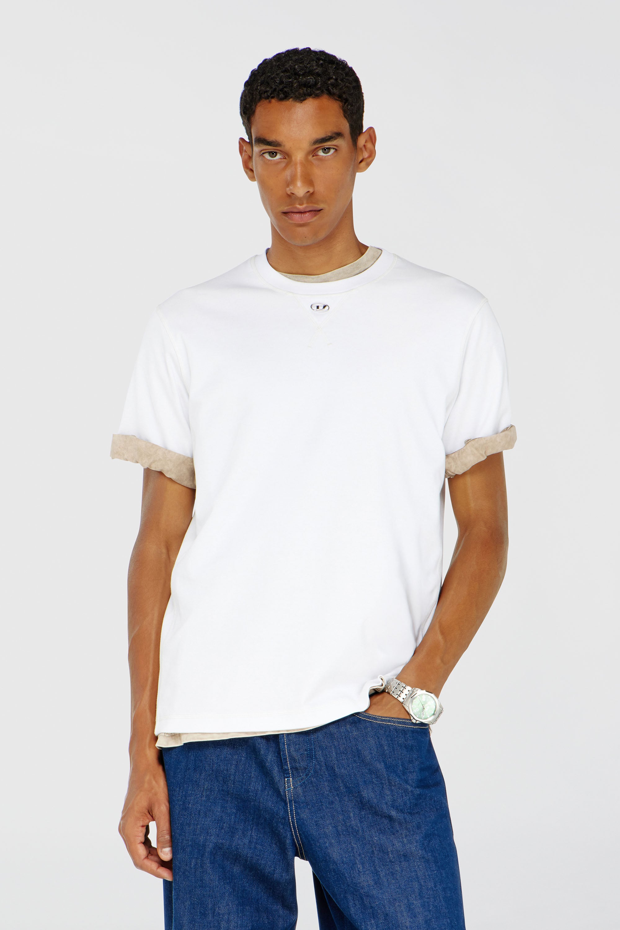 Diesel - T-MADJUST-TR, T-shirt r&eacute;guli&egrave;re avec col rond et Oval D Homme in Blanc - 1