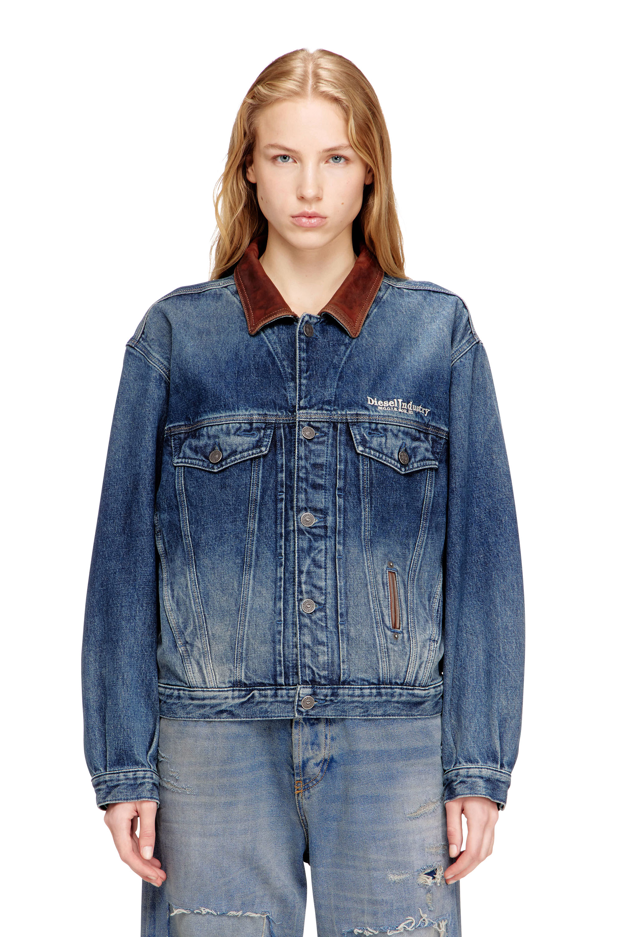 Diesel - D-DENVER-S1, Veste en denim de type trucker avec garnitures en cuir contrastant. Mixte in ToBeDefined - 1