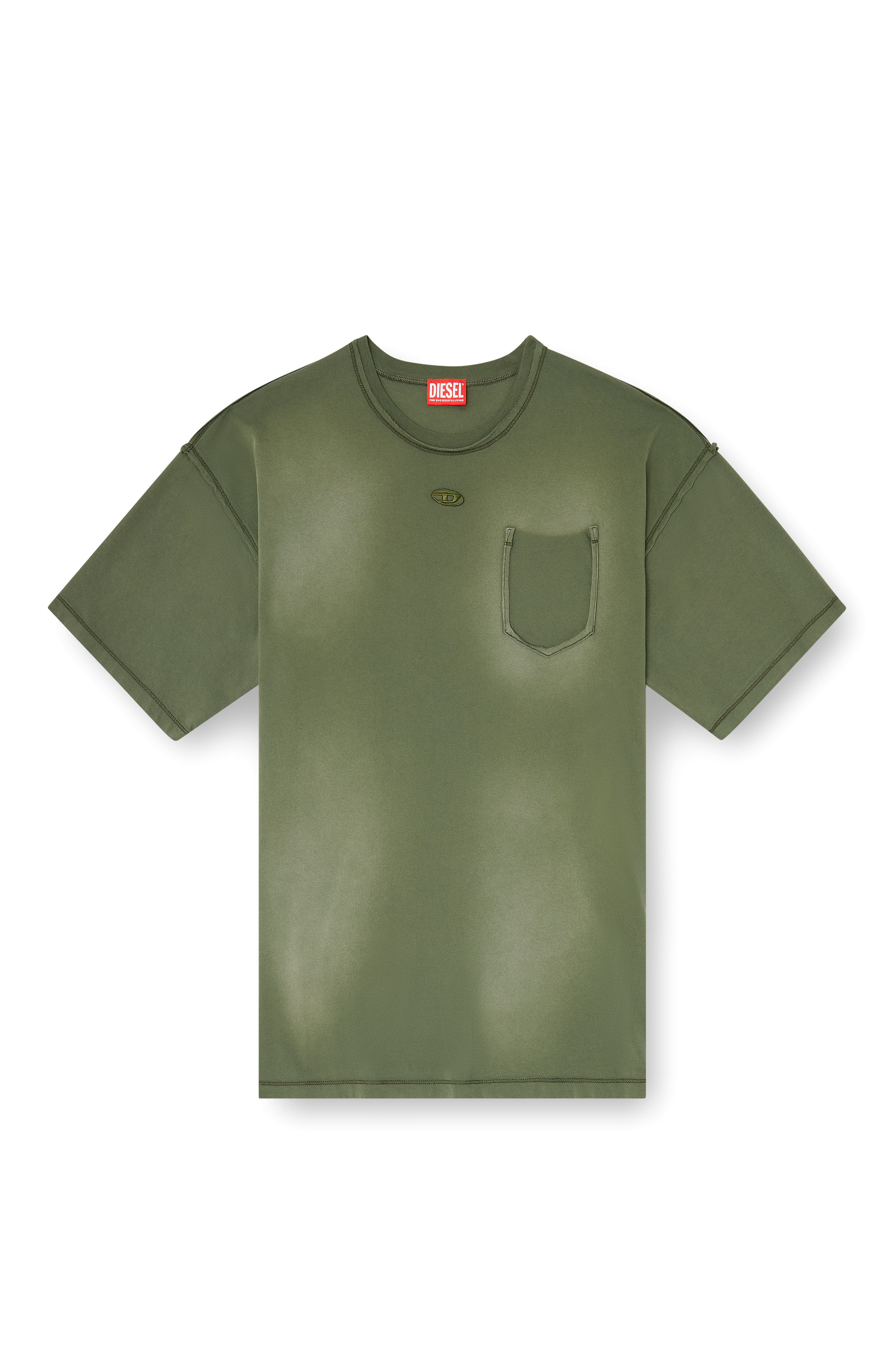 Diesel - T-POCK, T-shirt effet d&eacute;lav&eacute; avec poche d&eacute;chir&eacute;e Homme in Vert - 2