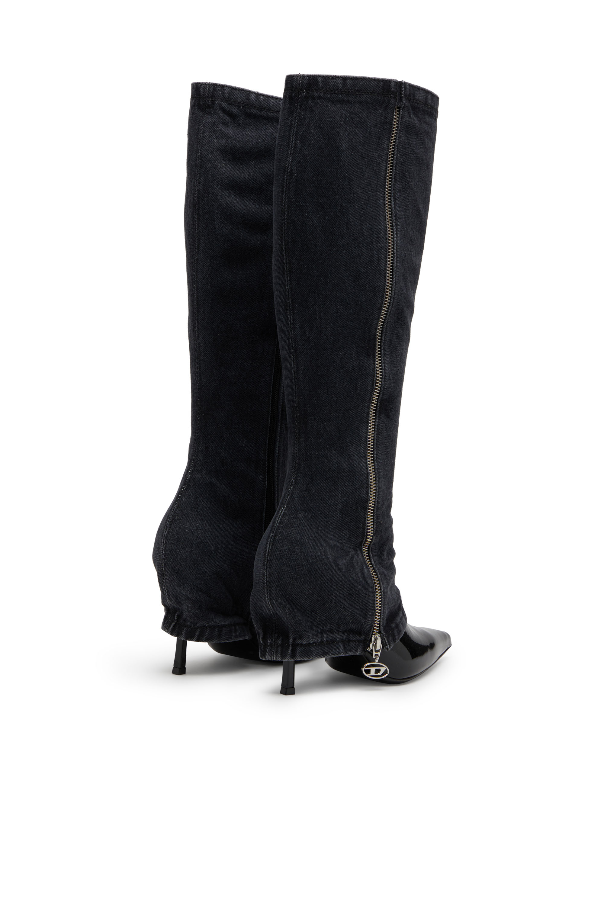 Diesel - D-VENUS TWISTED BOOT, D-Venus-Botte à talon aiguille hauteur genou avec effet de jean trompe-l'œil Femme in Noir - 3