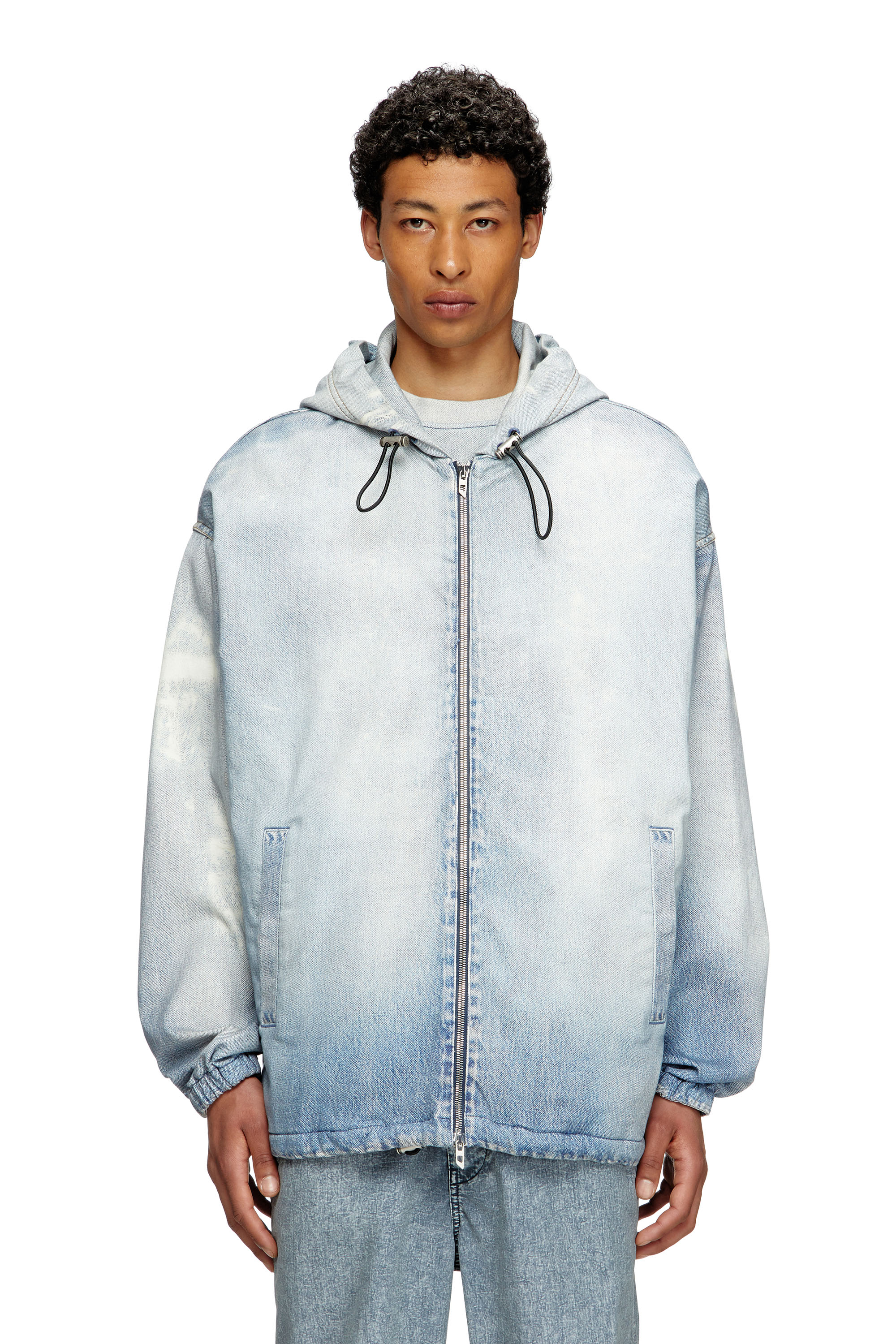 Diesel - D-WYNNY JOGG, Veste à capuche en tissu JoggJeans imprimé effet blanchi Homme in Bleu - 1