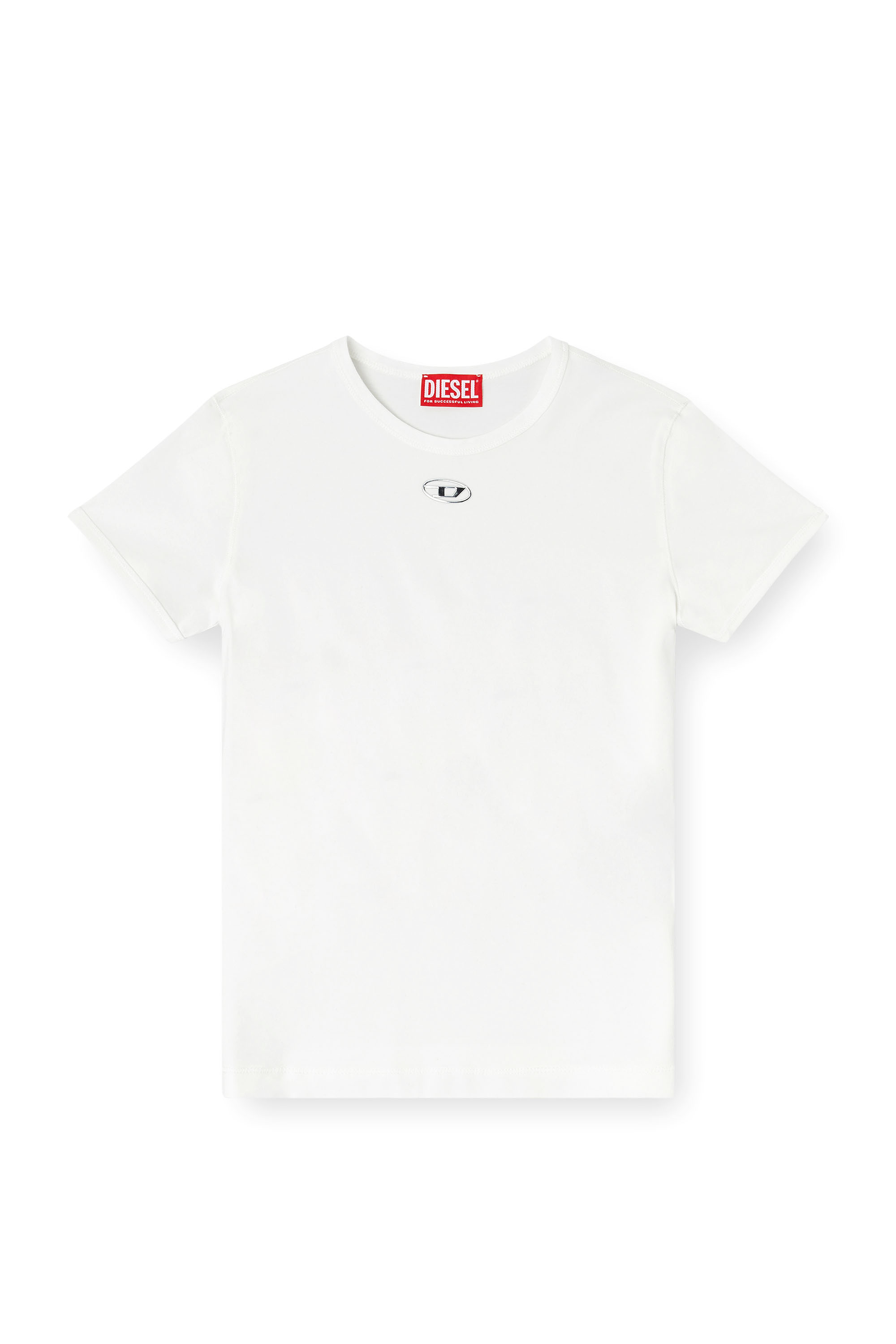 Diesel - T-UNCUTIESLONG-OD, T-shirt ajust&eacute;e avec ovale D m&eacute;tallique Femme in Blanc - 3