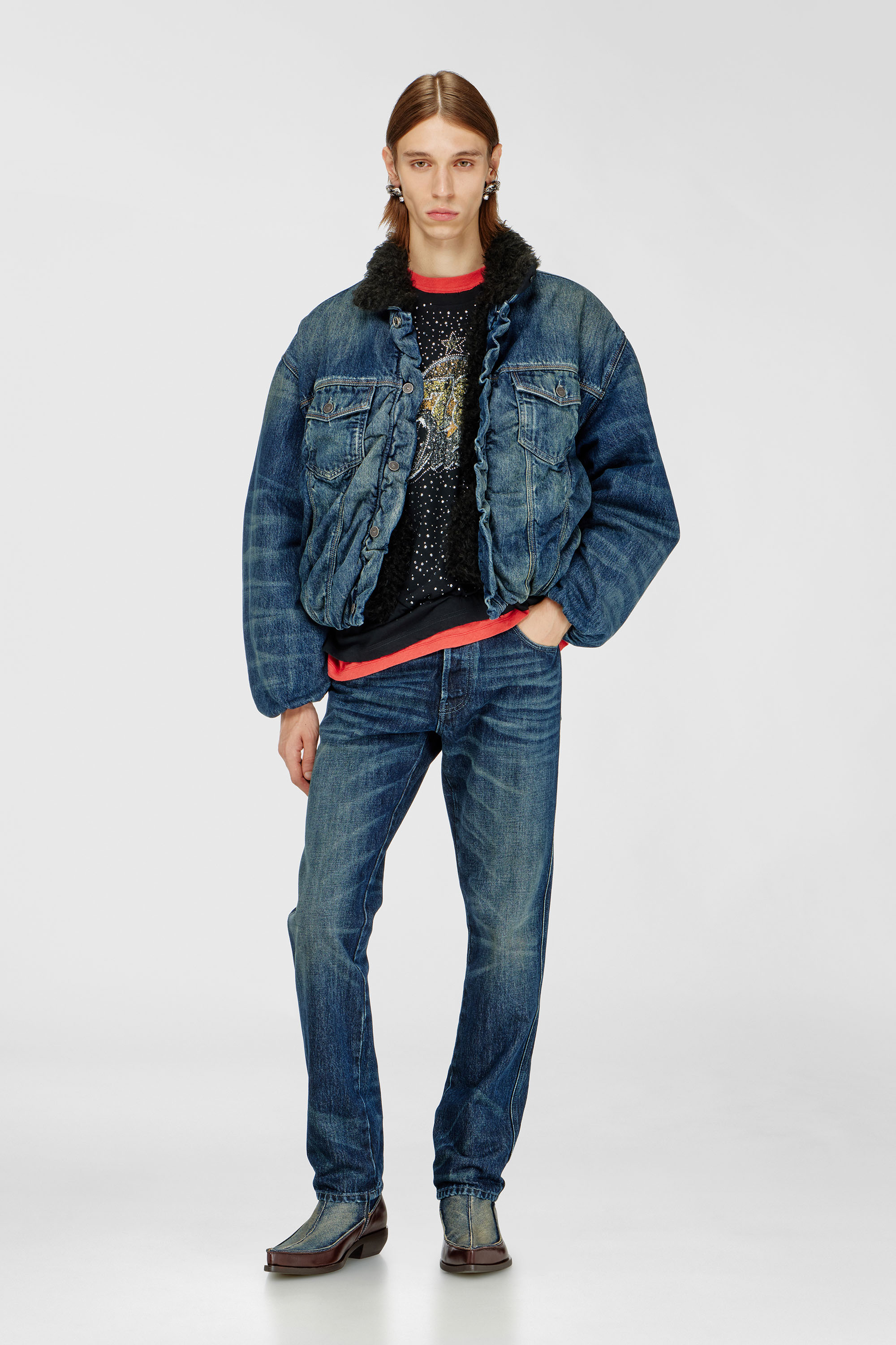 Diesel - D-CURLY-FSJ1, Veste trucker en denim doubl&eacute;e en teddy Mixte in Bleu - 1