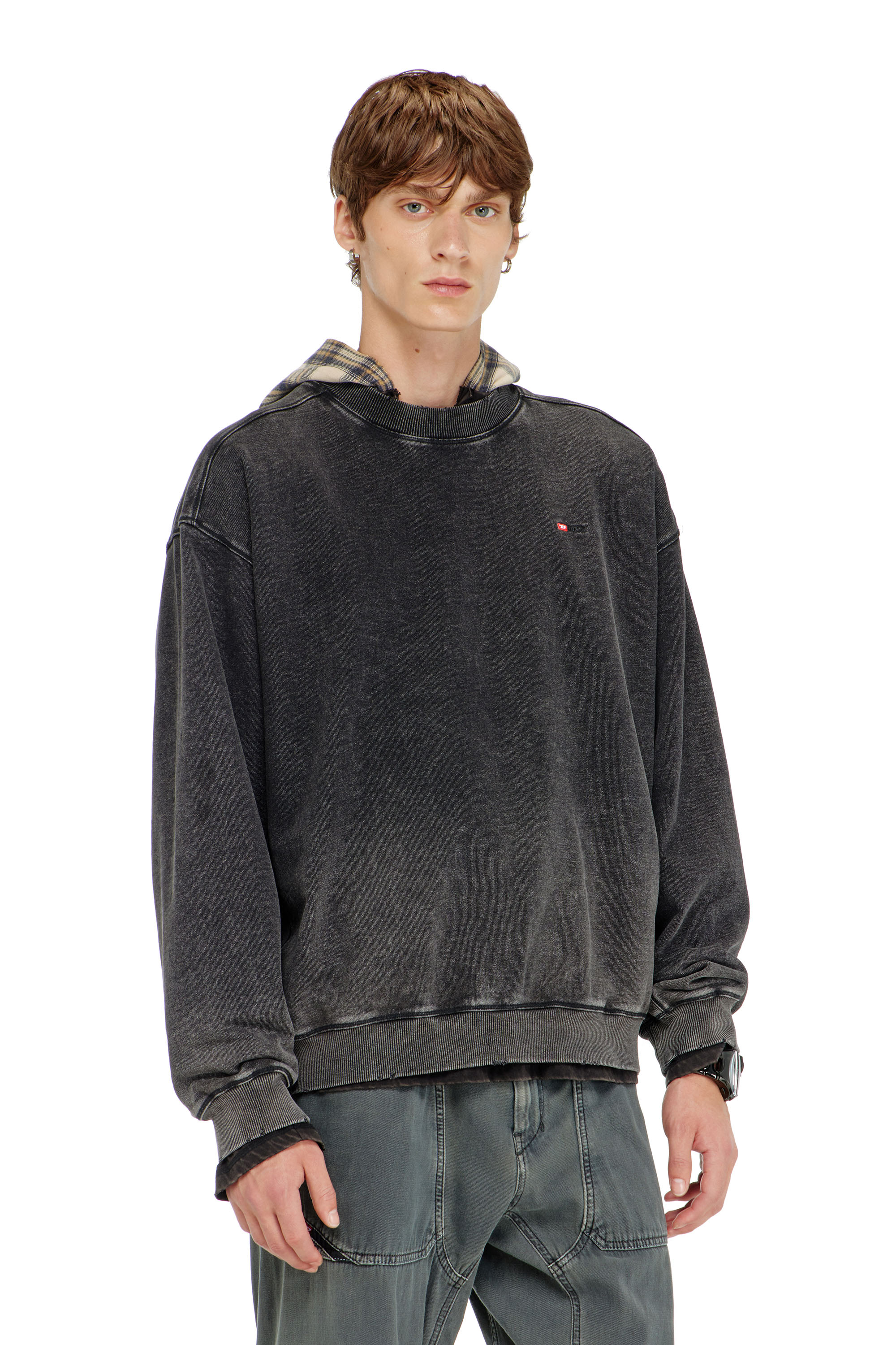 Diesel - S-CROX, Sweat-shirt en coton effet d&eacute;lav&eacute; Homme in Gris - 1