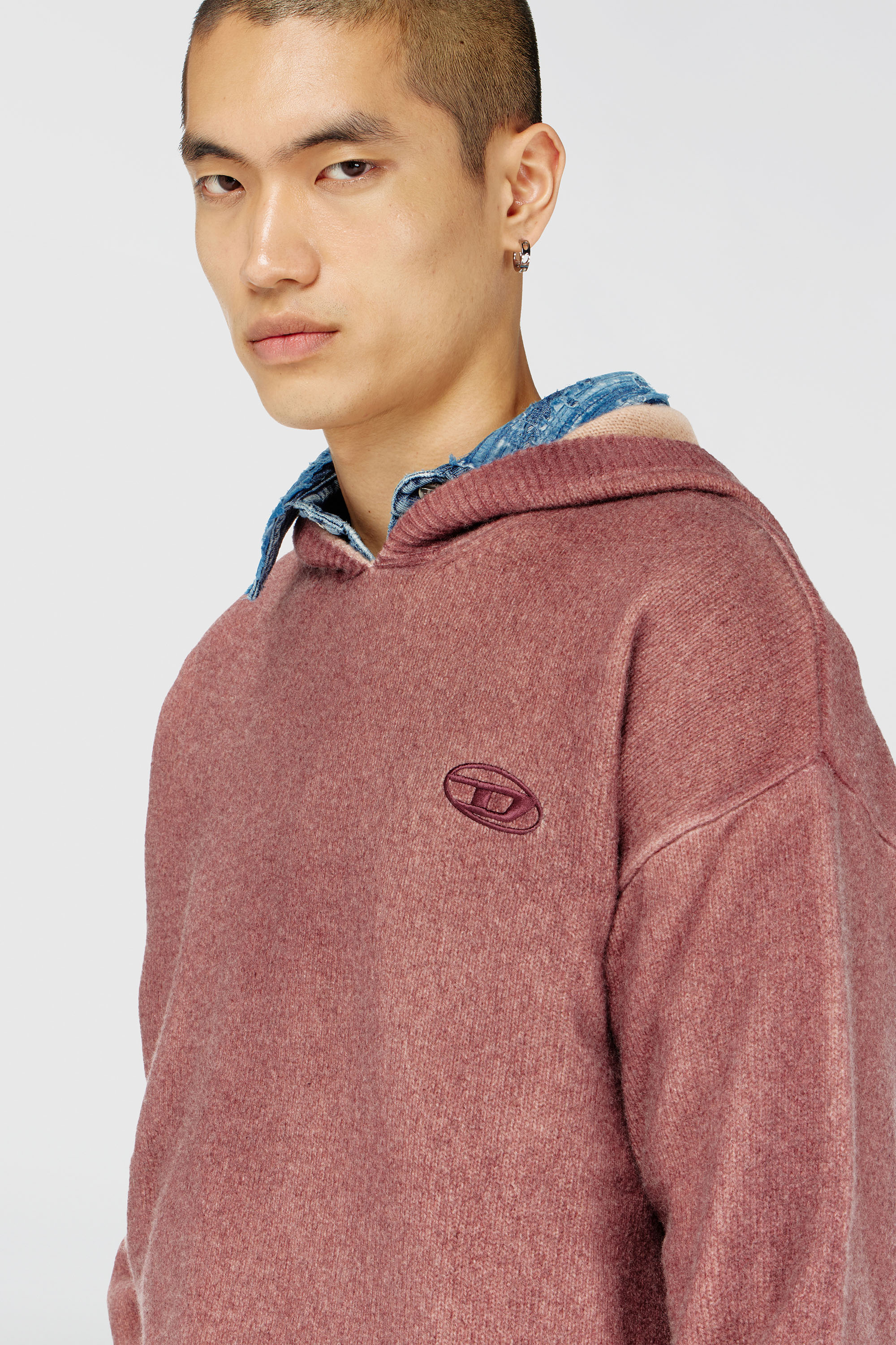 Diesel - K-PICKLED, Sweat &agrave; capuche double teinture en maille m&eacute;lang&eacute;e laine Homme in Rouge - 5