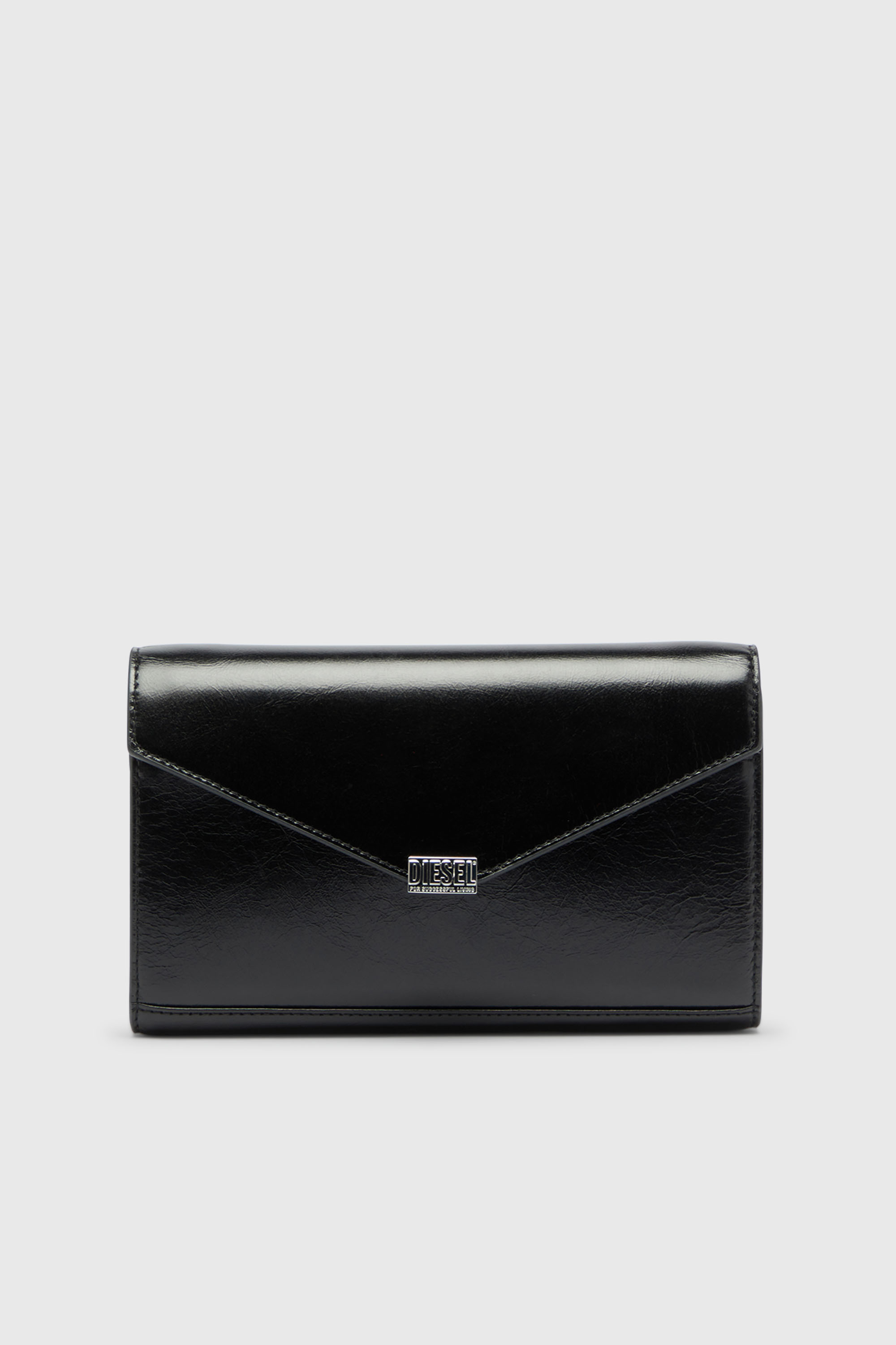 Diesel - D-ENVELOP WALLET ON CHAIN, Portefeuille en cuir brillant effet froiss&eacute; Femme in Noir - 1