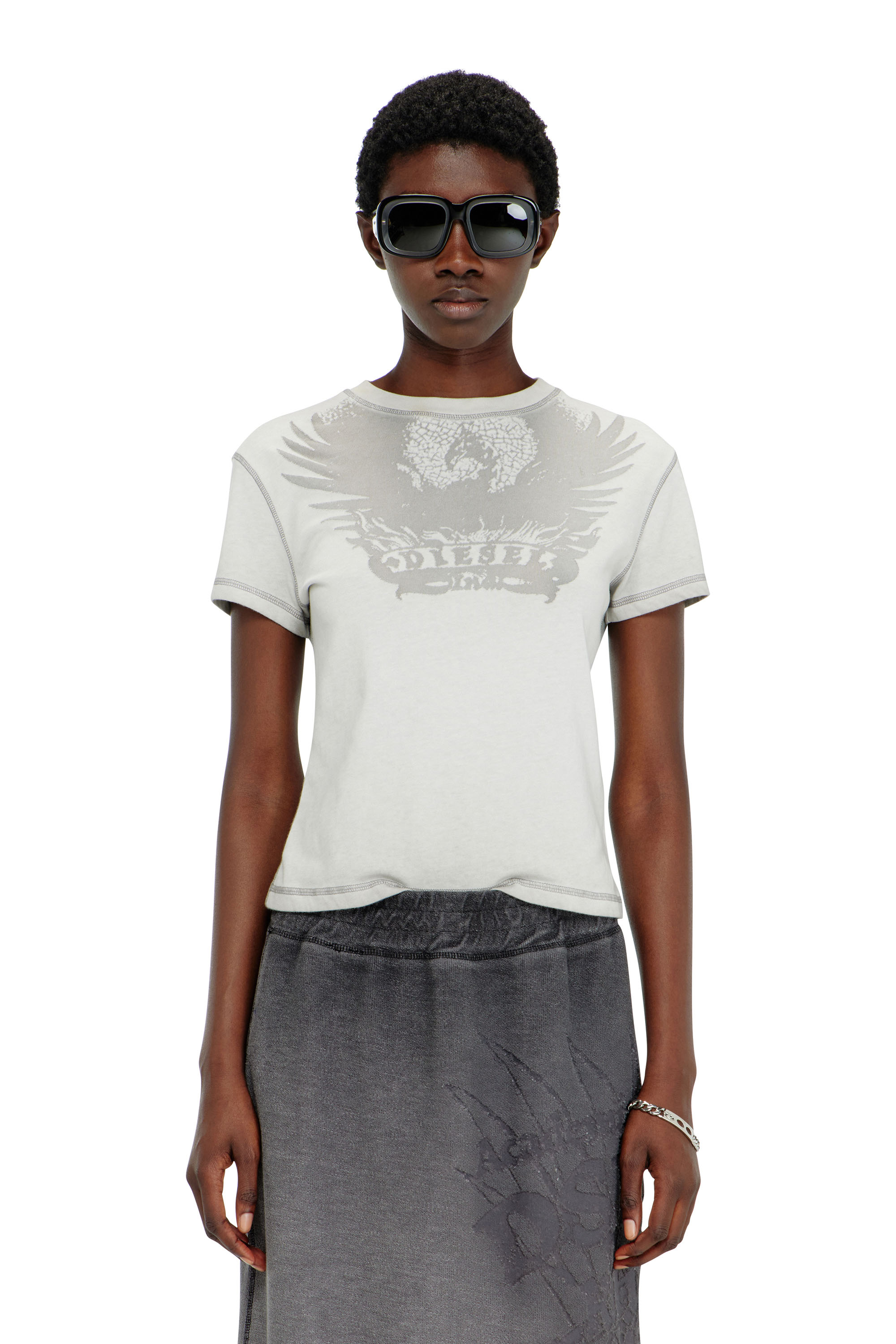 Diesel - O-BEAUTY, Jupe midi en molleton avec imprim&eacute; d&eacute;vor&eacute; Femme in Gris - 2
