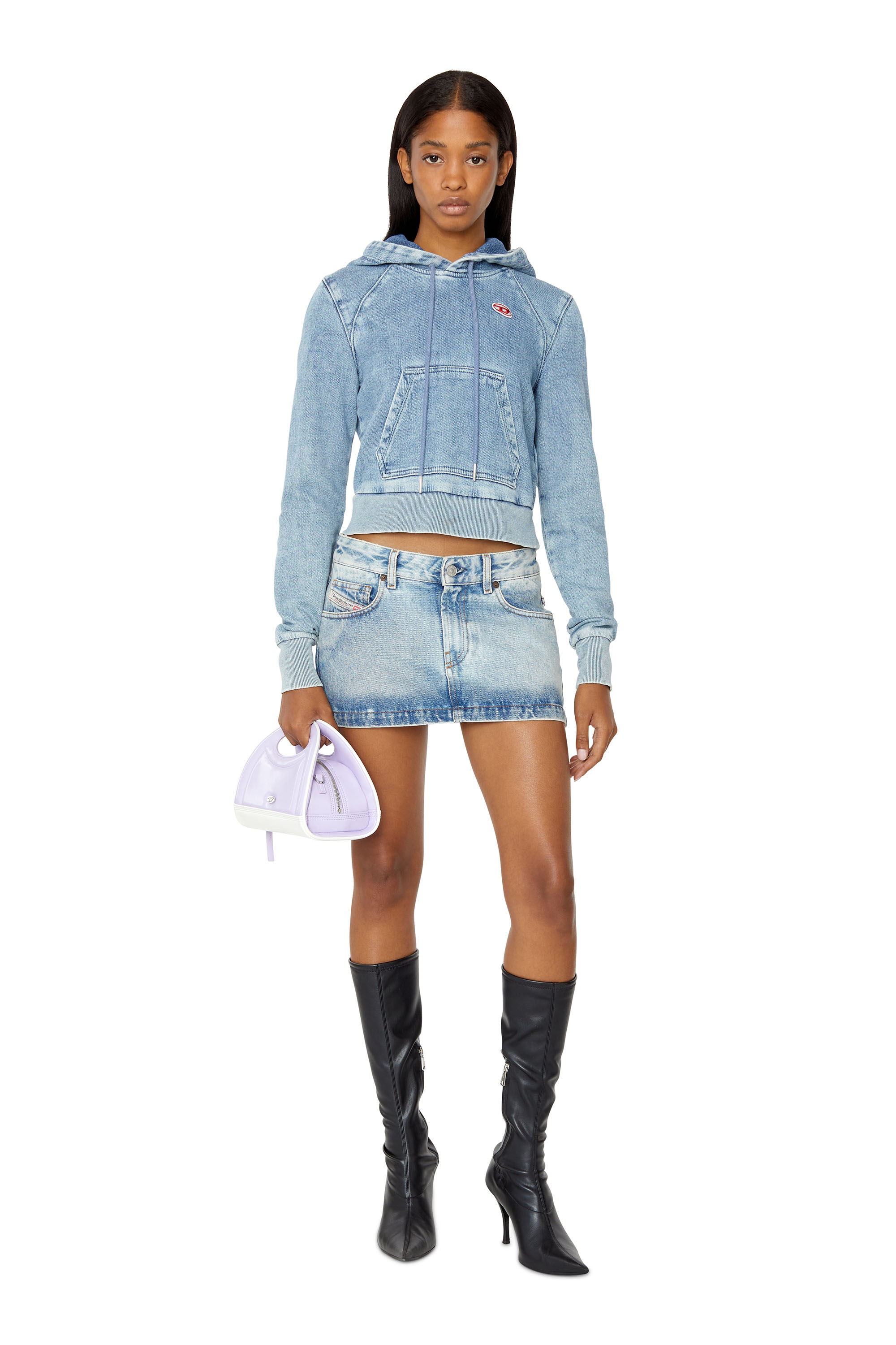 Diesel - D-ANGY TRACK DENIM HOODIE, Sweat-shirt &agrave; capuche cropped en Track Denim Femme in Bleu - 1