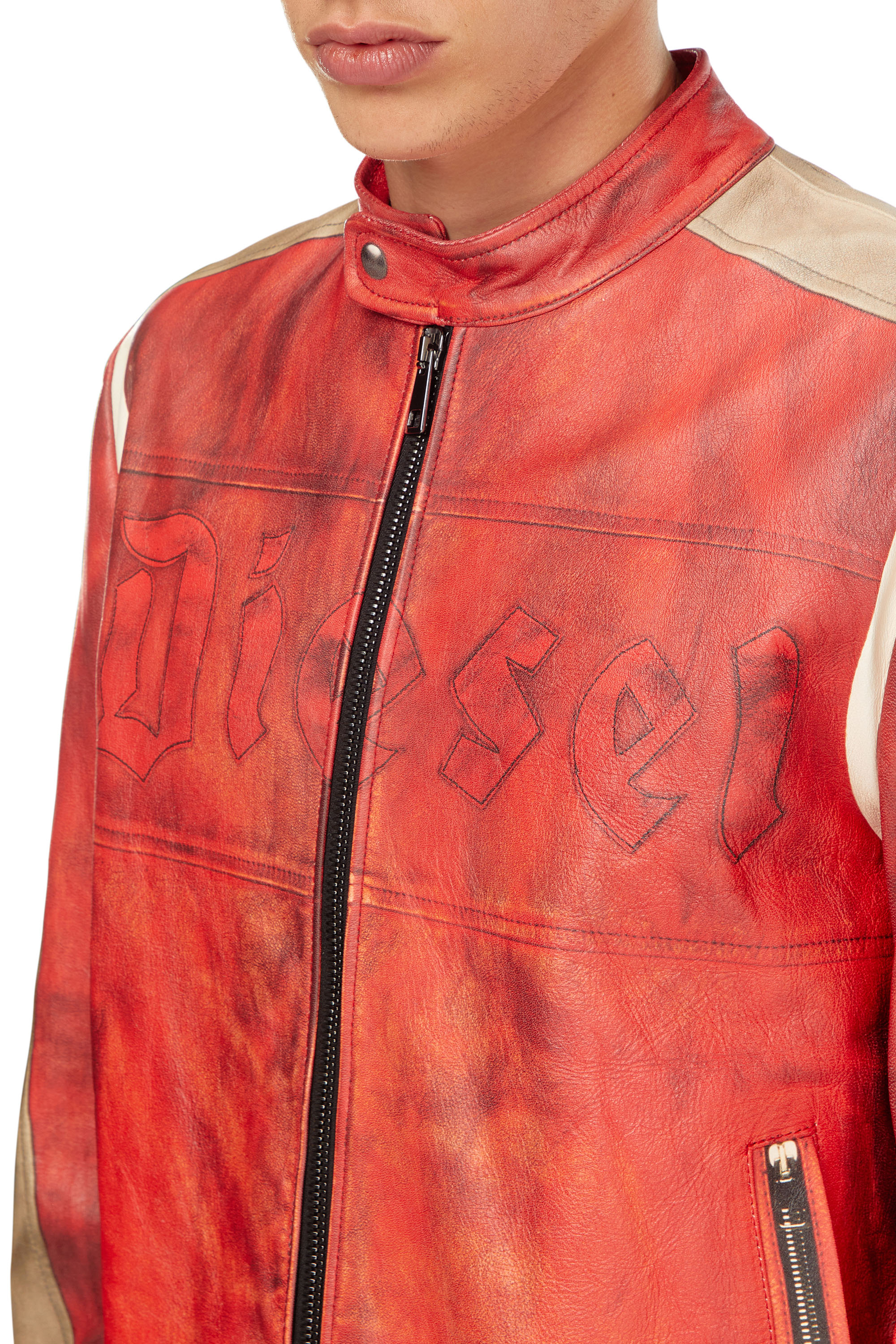 Diesel - L-RUSCHA, Man Dirty-effect leather biker jacket in Red - Image 5