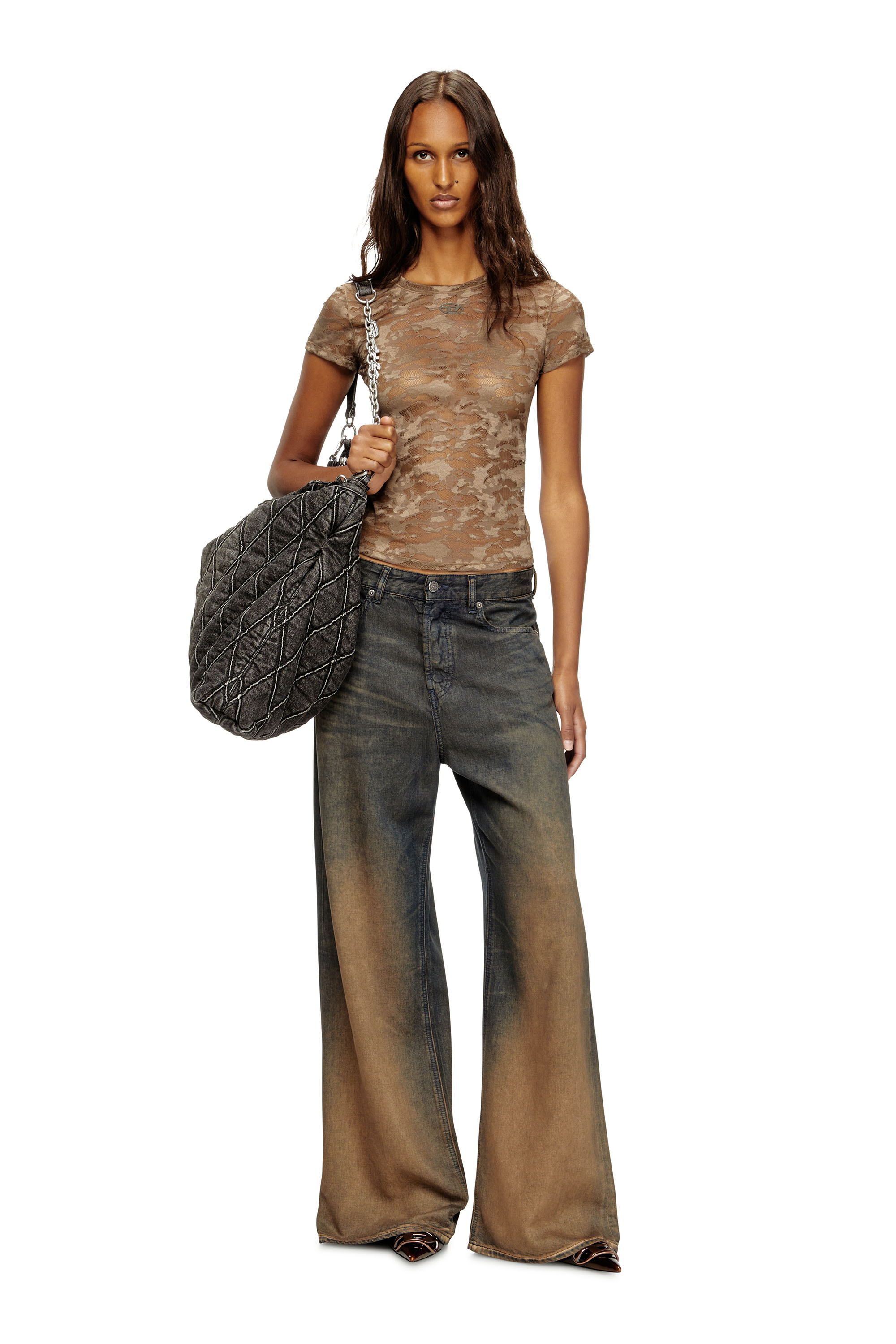 Diesel - KASIA-UTLT, T-shirt en dentelle camouflage Femme in Marron - 4