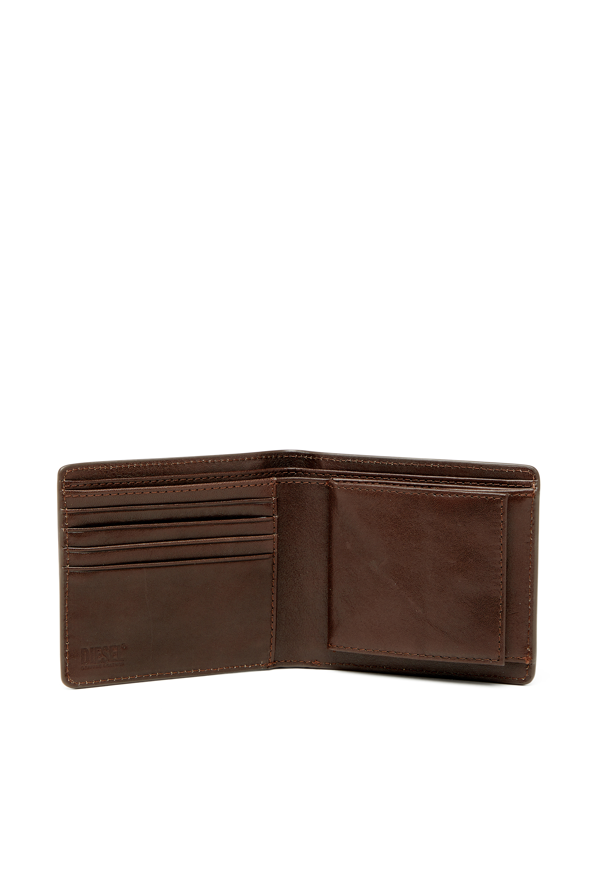 Diesel - FLAG-D BI-FOLD COIN S 3D, Portefeuille en cuir pliable avec logo emboss&eacute; Homme in Marron - 3