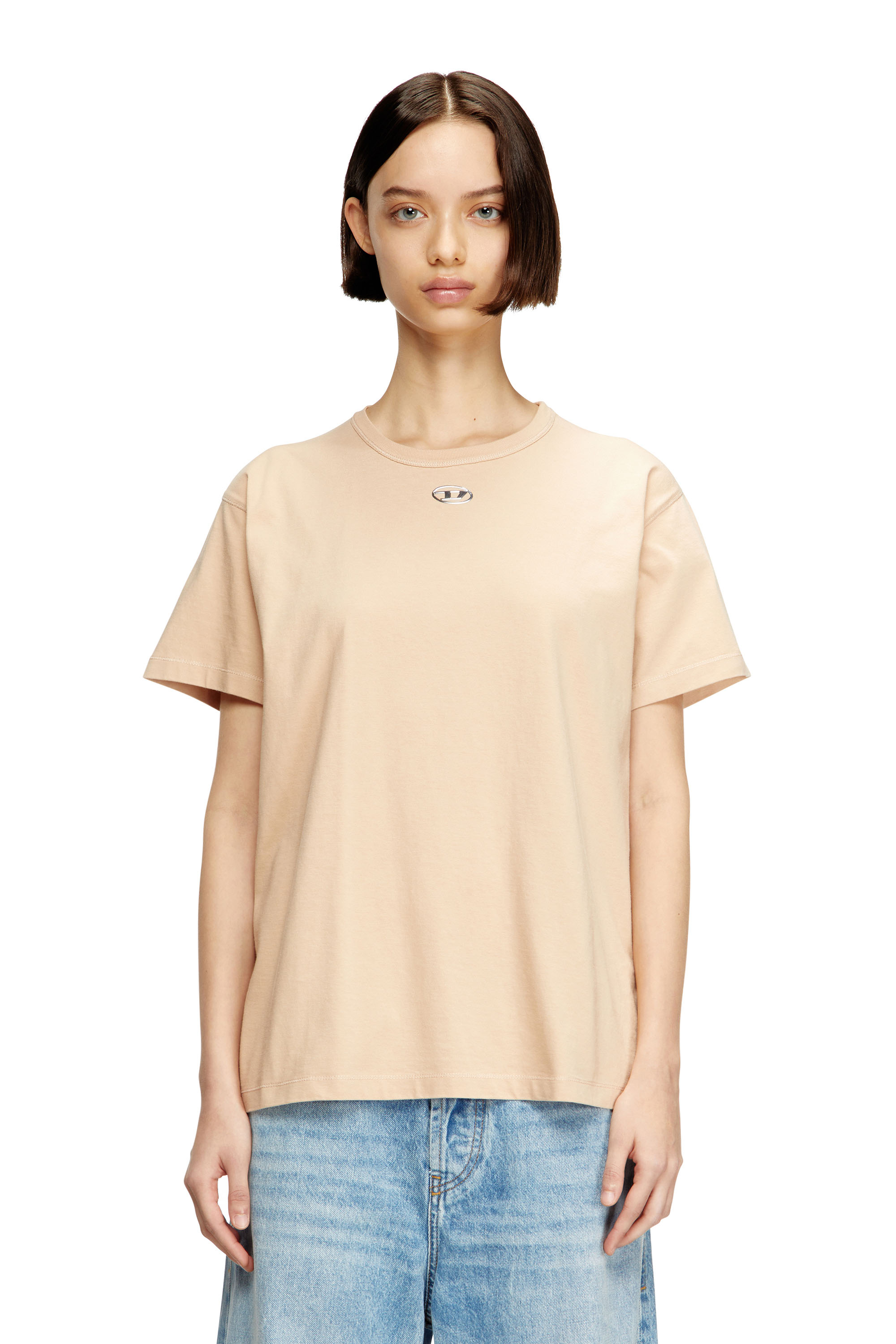 Diesel - T-NORMY-OD-S1, T-shirt en coton avec Oval D m&eacute;tallique Femme in Beige - 1