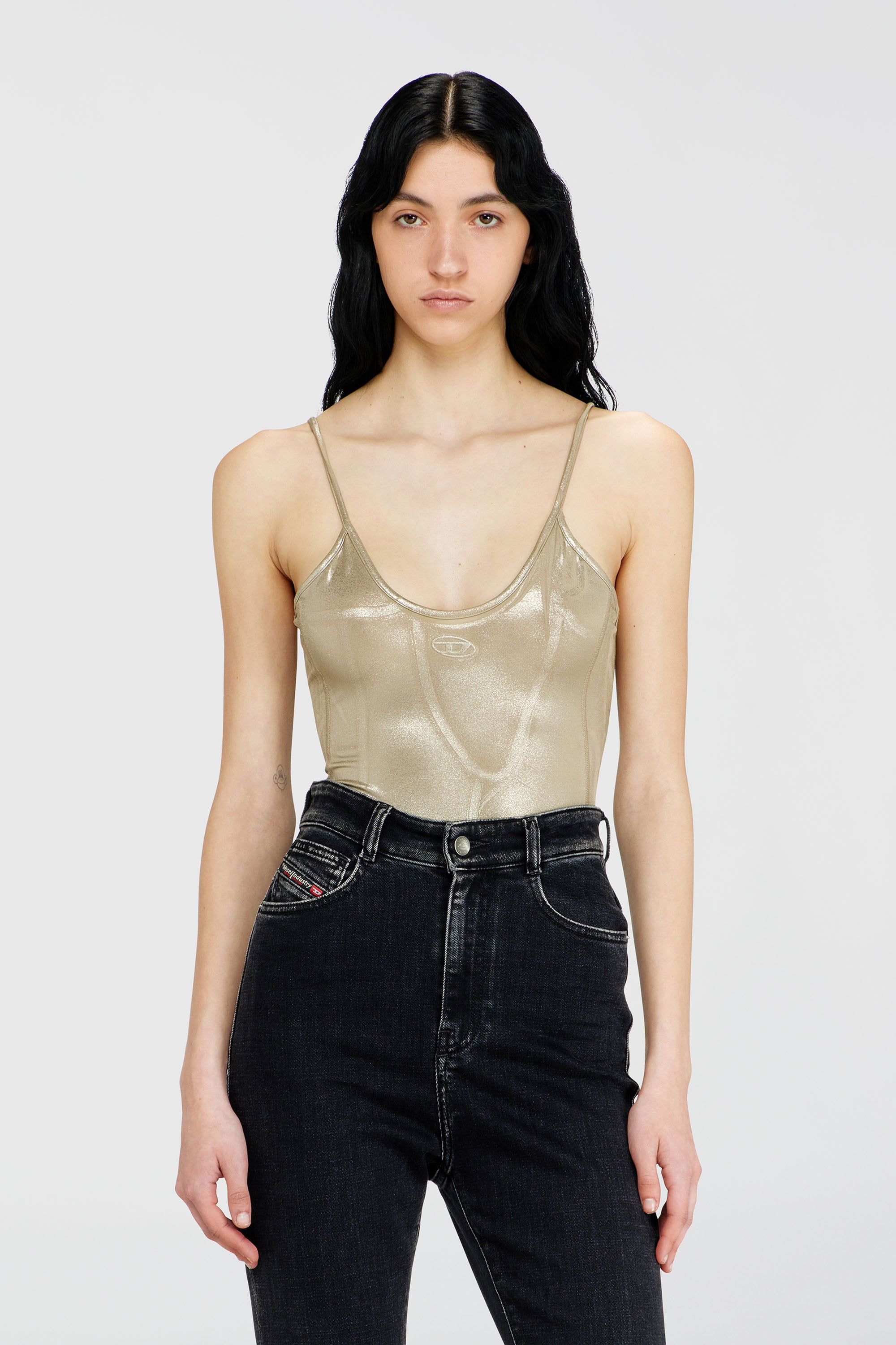 Diesel - T-IMYNY, Body en jersey brillant &agrave; col rond Femme in Dor&eacute; - 1