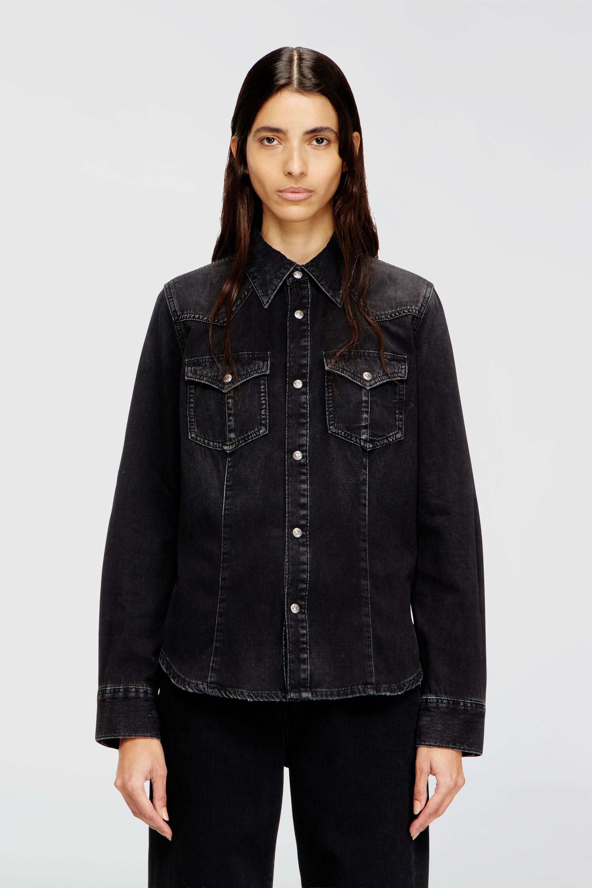 Diesel - DE-WAVES, Chemise western en denim trait&eacute; Femme in Noir - 1