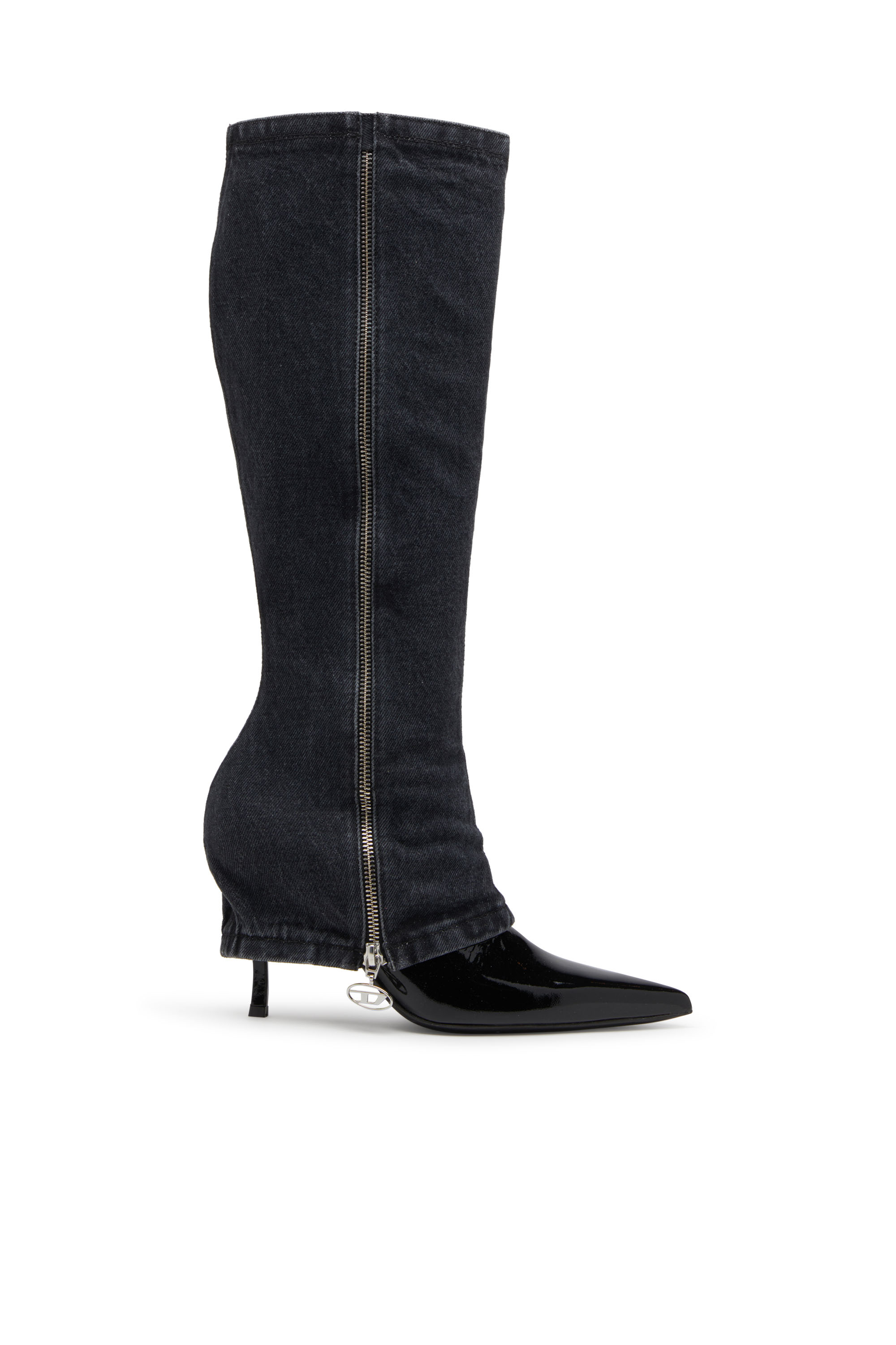 Diesel - D-VENUS TWISTED BOOT, D-Venus-Botte à talon aiguille hauteur genou avec effet de jean trompe-l'œil Femme in Noir - 1
