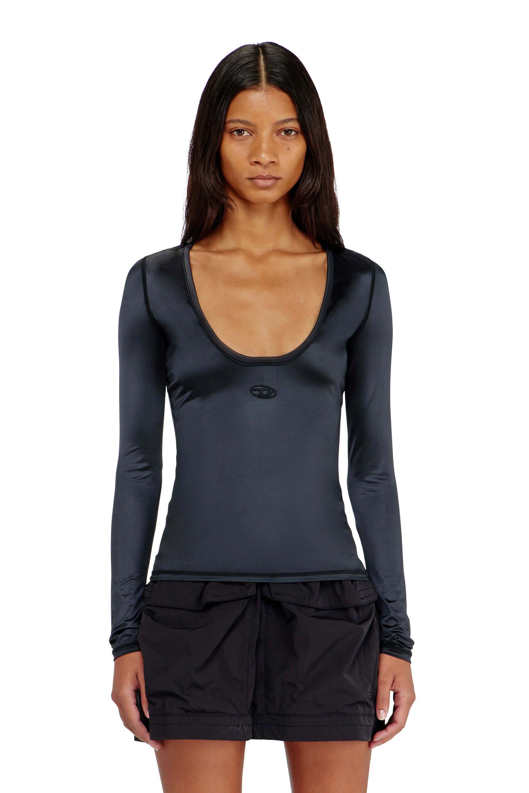 Diesel - T-ELPHIN-LS, Top slim en nylon &agrave; encolure d&eacute;gag&eacute;e avec Logo Oval D brod&eacute; Femme in Noir - 1