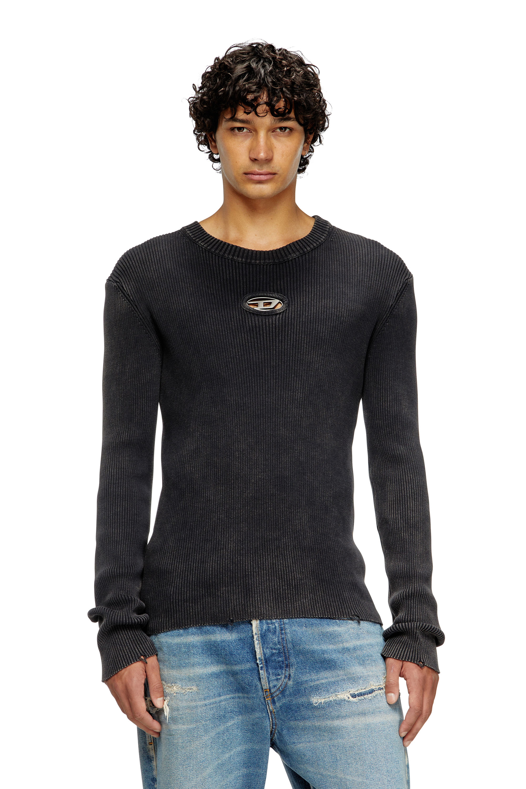 Diesel - K-DARIN-D, Pull effet vieilli avec logo cut-out Homme in Noir - 1