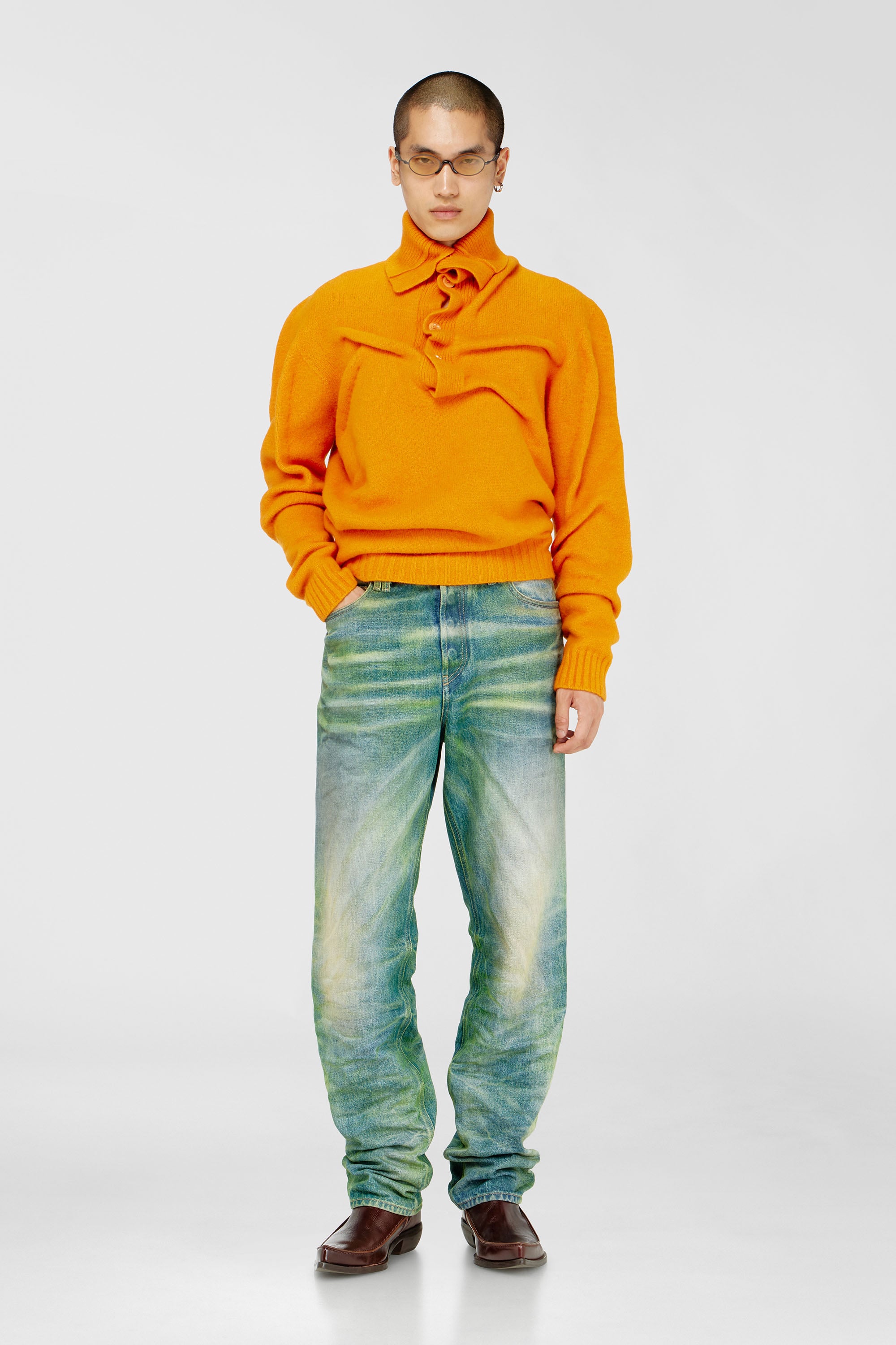 Diesel - K-ANDREW, Pull col boutonnage en maille bouillie froiss&eacute;e Homme in Orange - 1