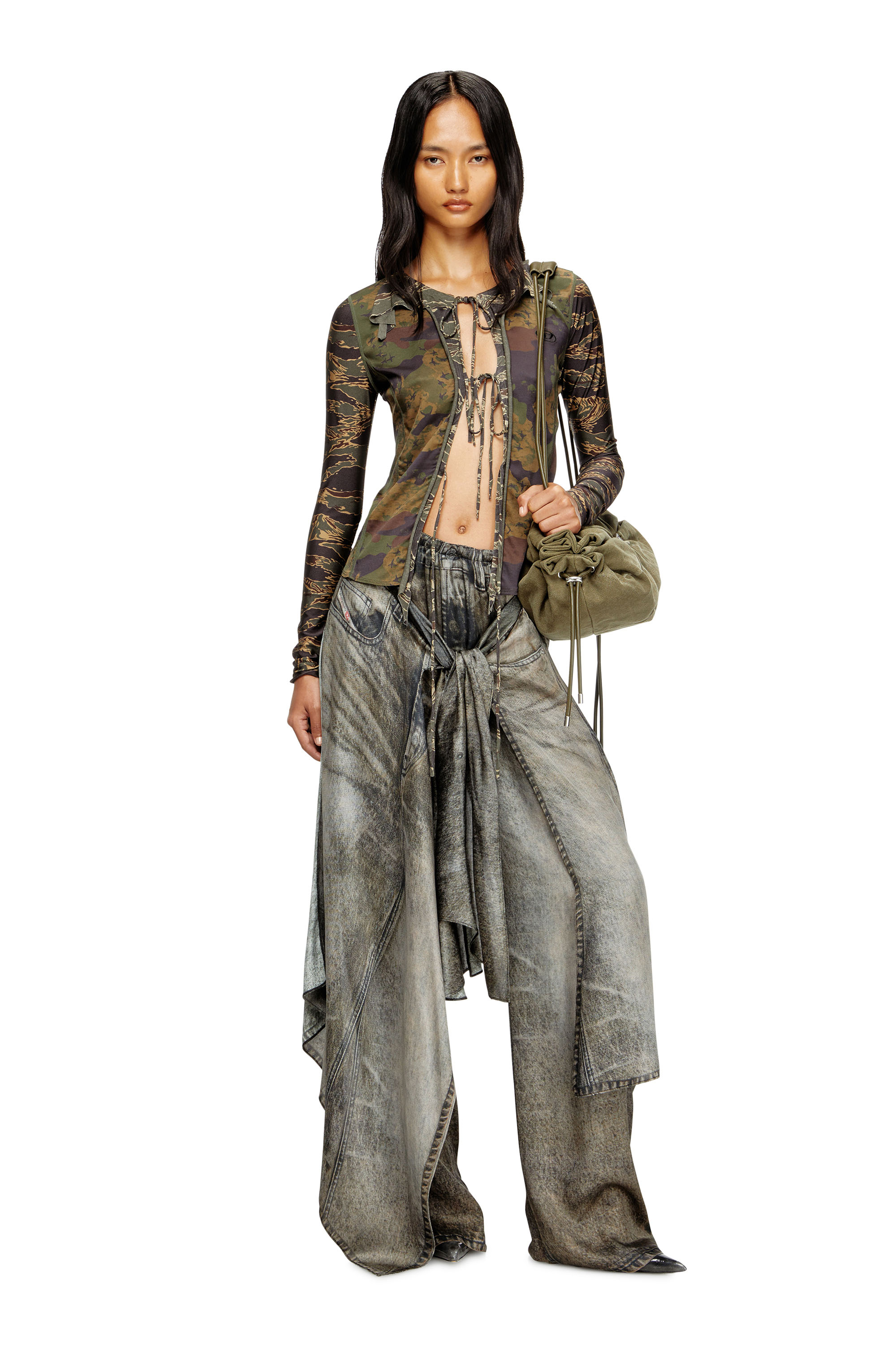 Diesel - T-AFRY, Cardigan à nouer avec imprimés camouflage mélangés Femme in Vert - 2
