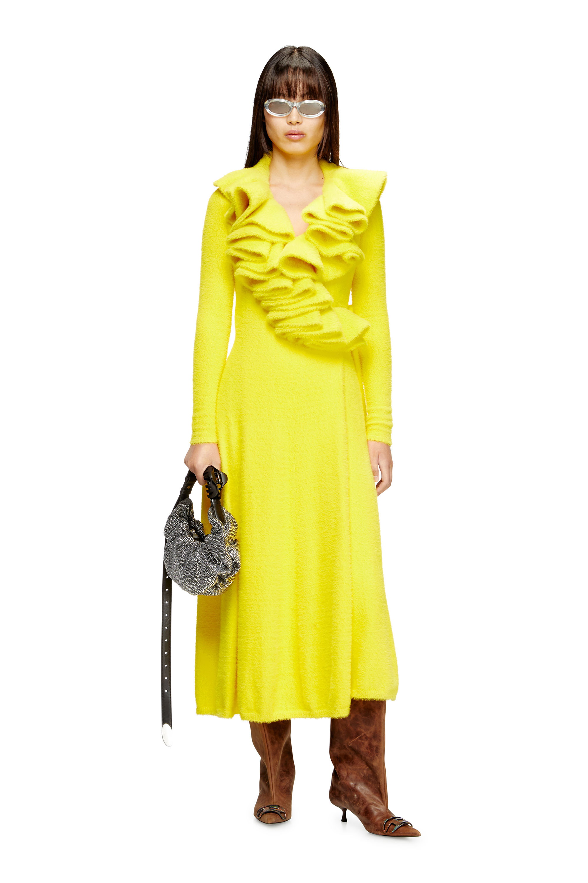 Diesel - M-INGELINA, Robe midi duveteuse et encolure ondulée Femme in Jaune - 1